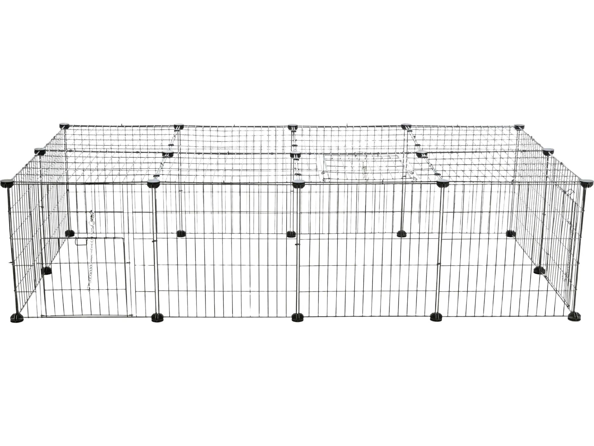 Svart metall luftegård for kanin/marsvin, 152x38x72 cm, med nettingtak og dør.