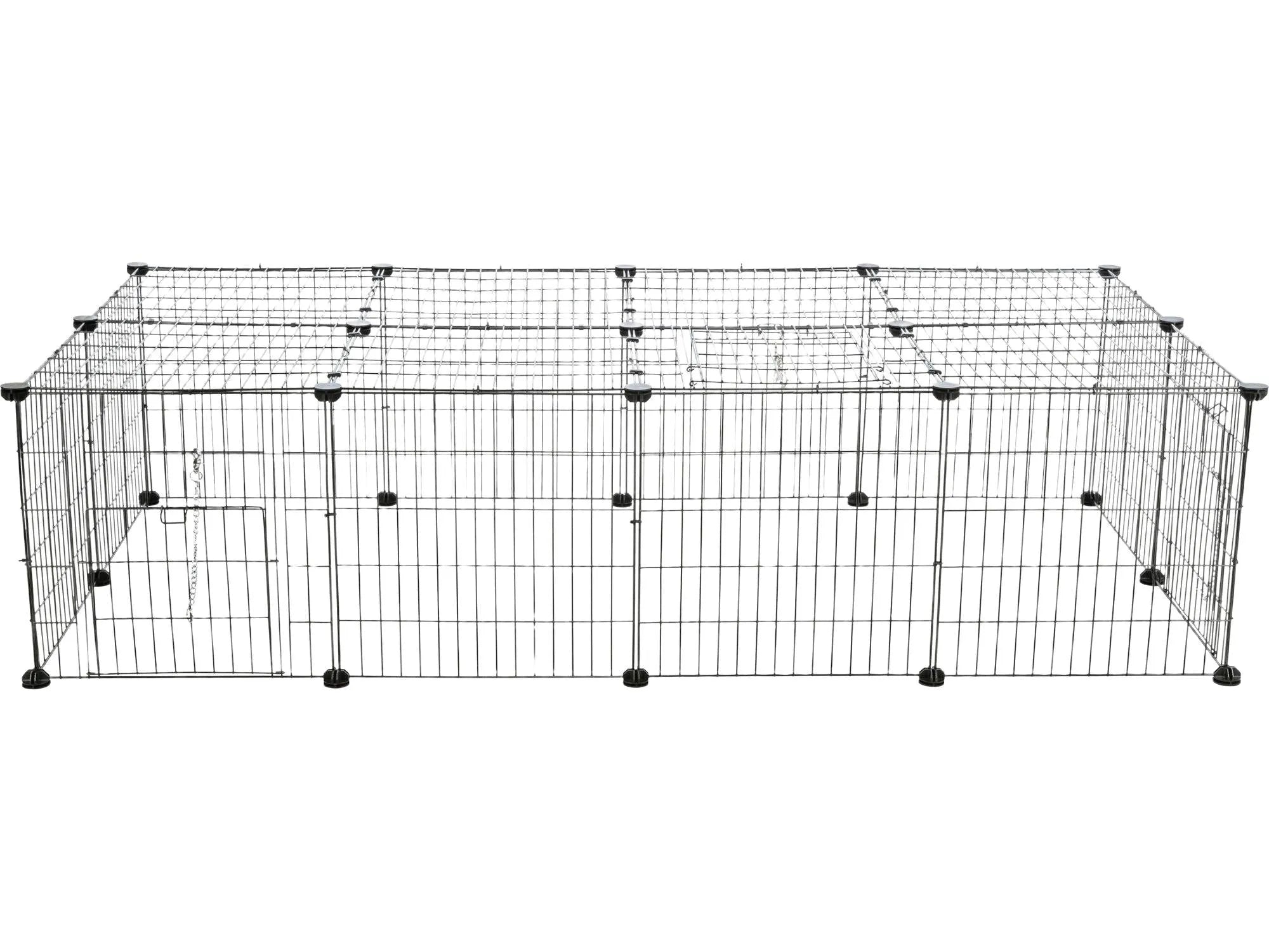 Svart metall luftegård for kanin/marsvin, 152x38x72 cm, med nettingtak og dør.