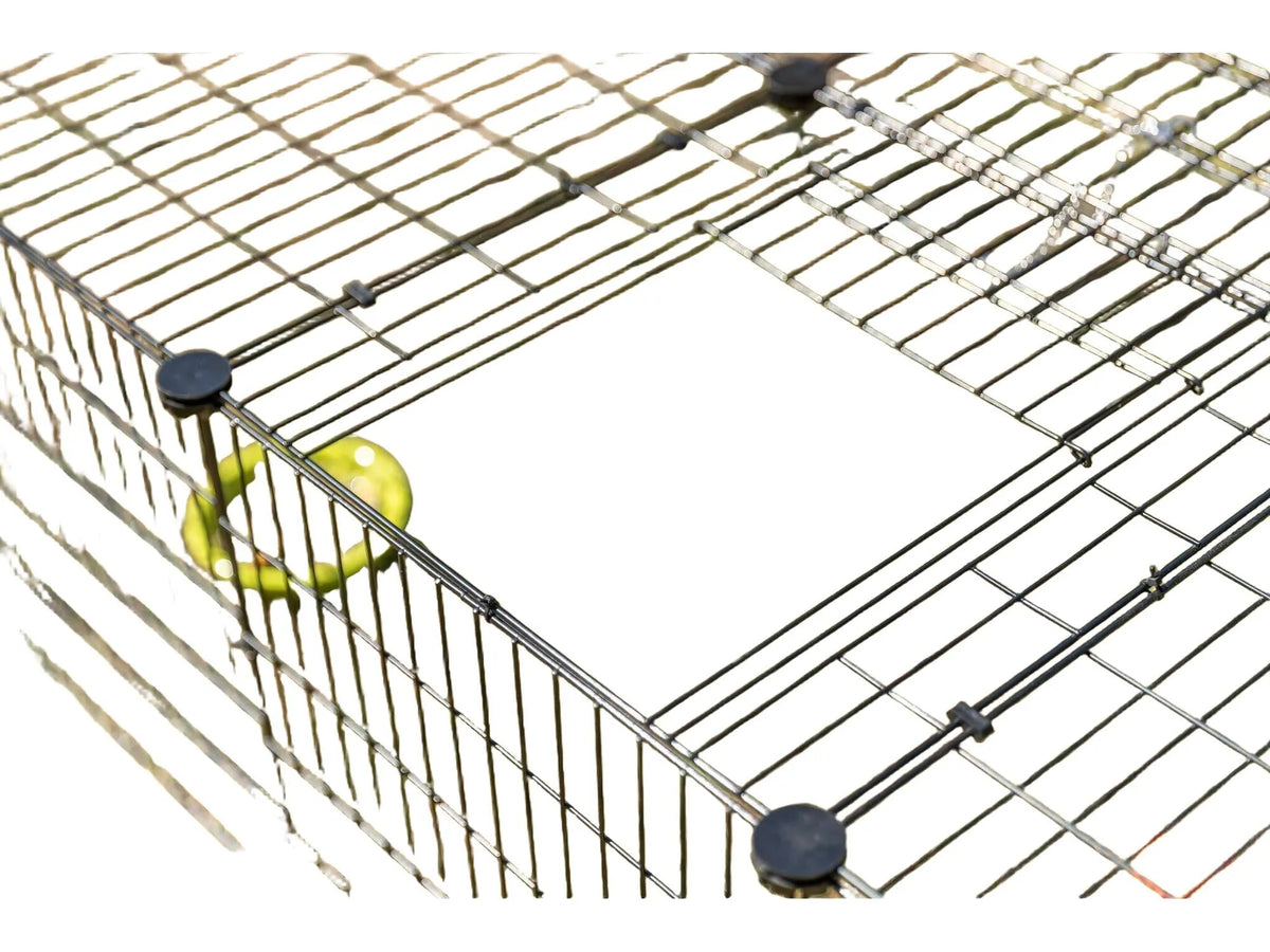 Svart metallgitter luftegård med tak for kanin/marsvin, grønn skål og leke på gress.