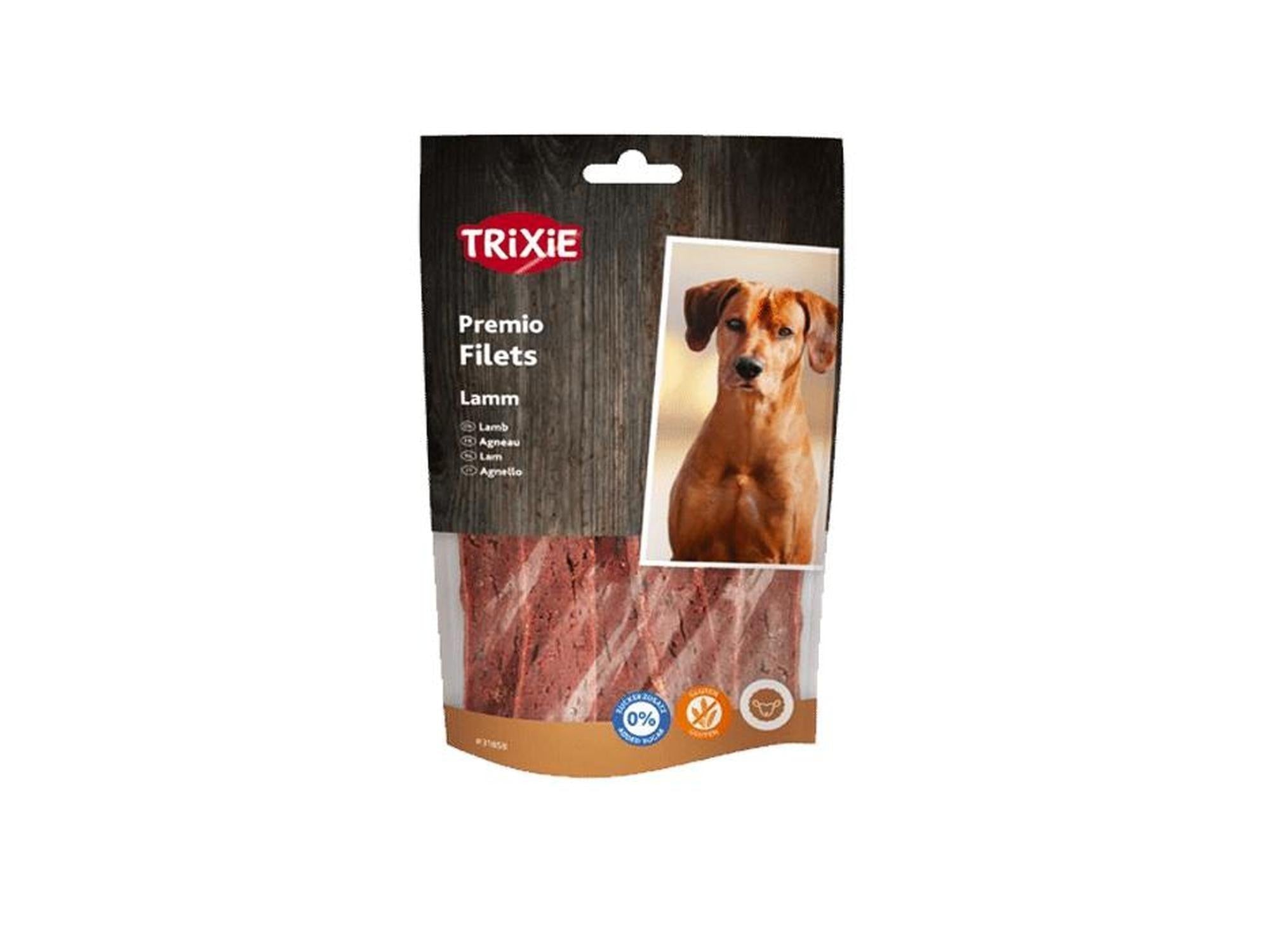 Trixie Premio Filets med Lam hundegodbit i en 80g pose med bilde av en hund og lammebiter.