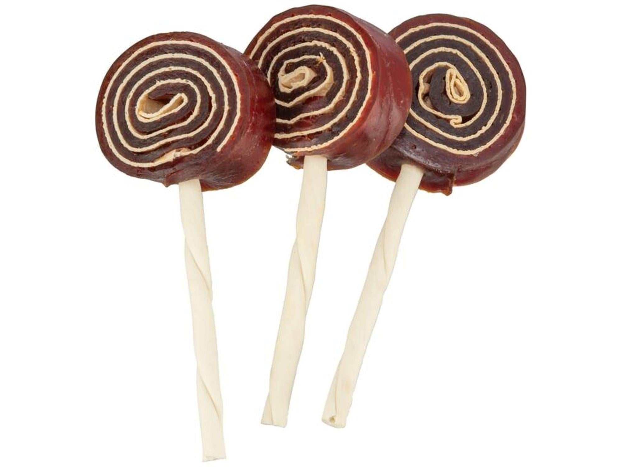 Tre Trixie PREMIO Lolly hundegodbiter med and og torsk, mørkebrune spiraler på lyse pinner.