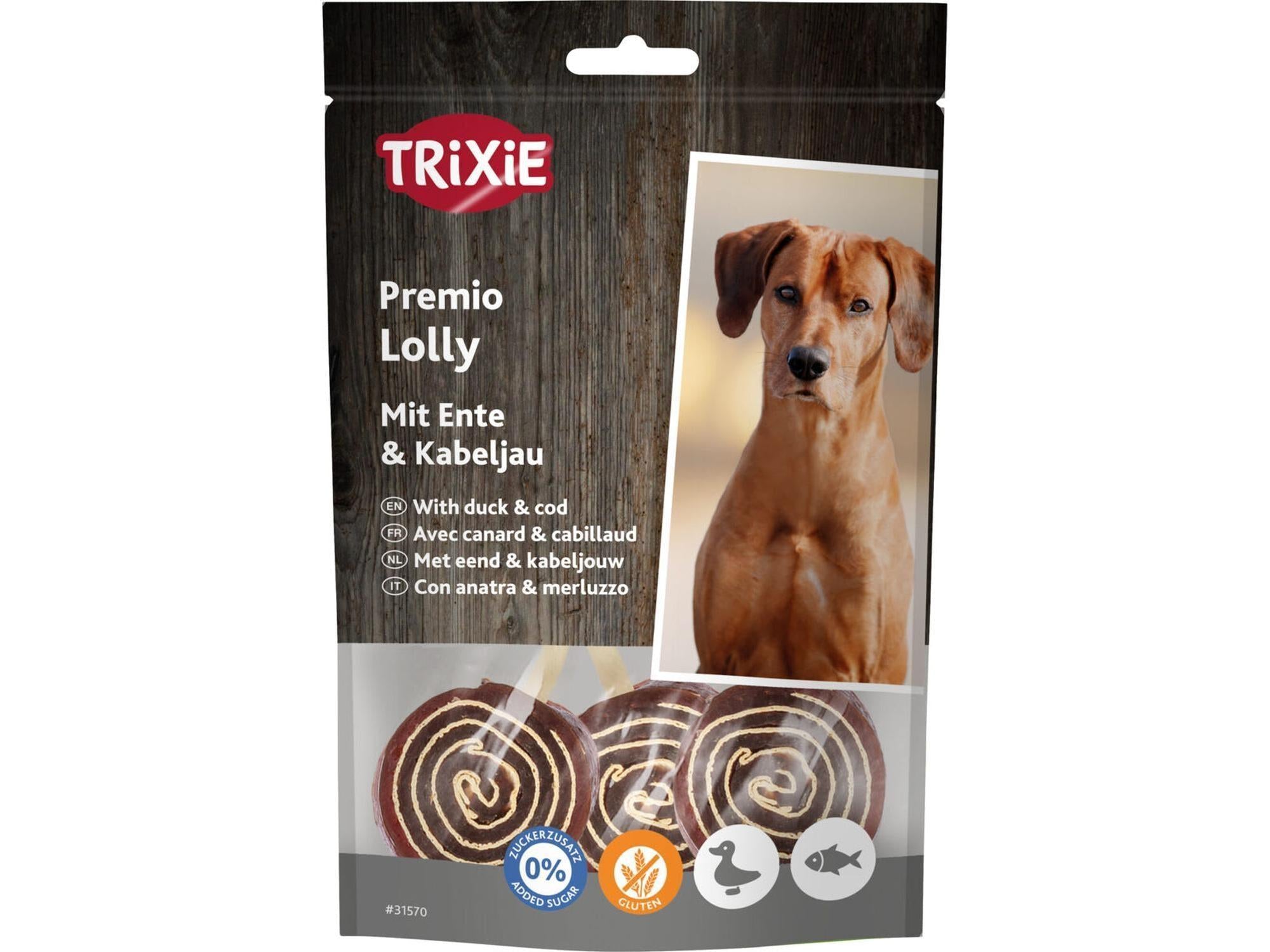Trixie Premio Lolly hundegodbit med and og torsk i en 80g pose, viser tre mørke, spiralformede godbiter.