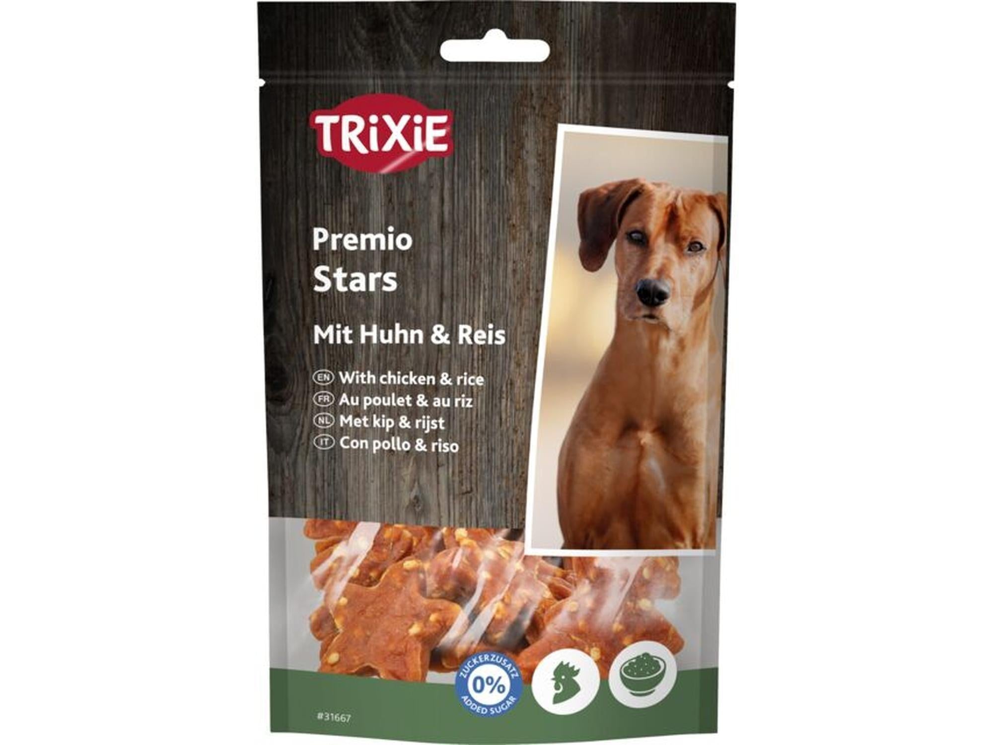 Trixie Premio Stars kylling- og risgodbiter i en 100g pose, med stjerneformede snacks og et bilde av en hund.