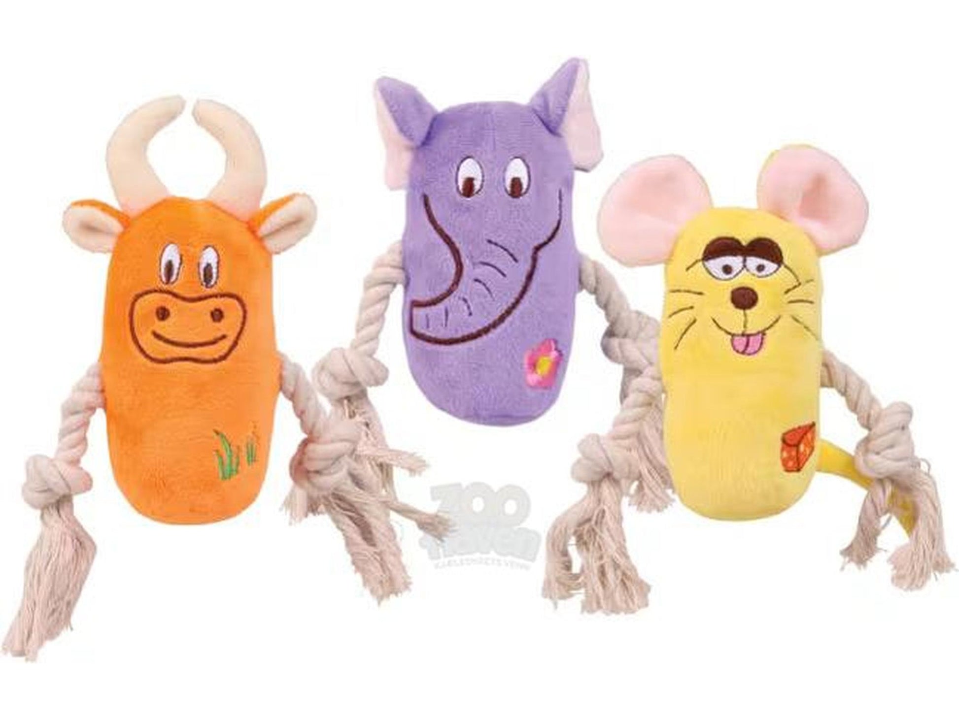 Tre Trixie plysjdyr med tau: oransje okse, lilla elefant og gul mus, alle med tauarmer.