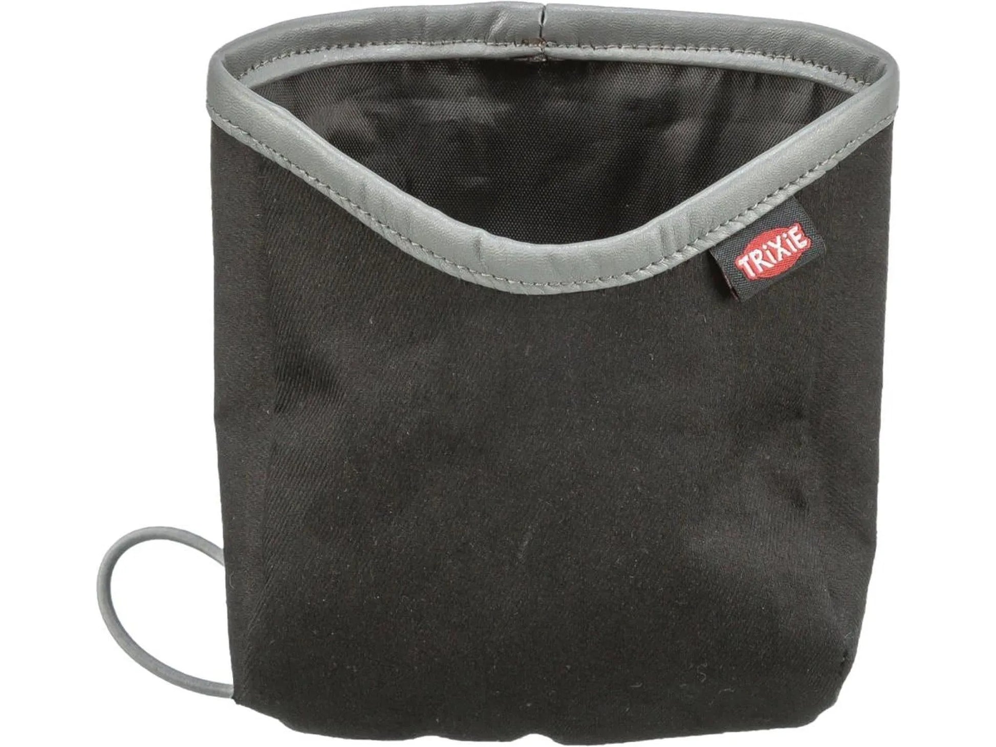 Svart Trixie Pocket Treat snacksbag i bomull/polyester med grå kant og strikklukking.
