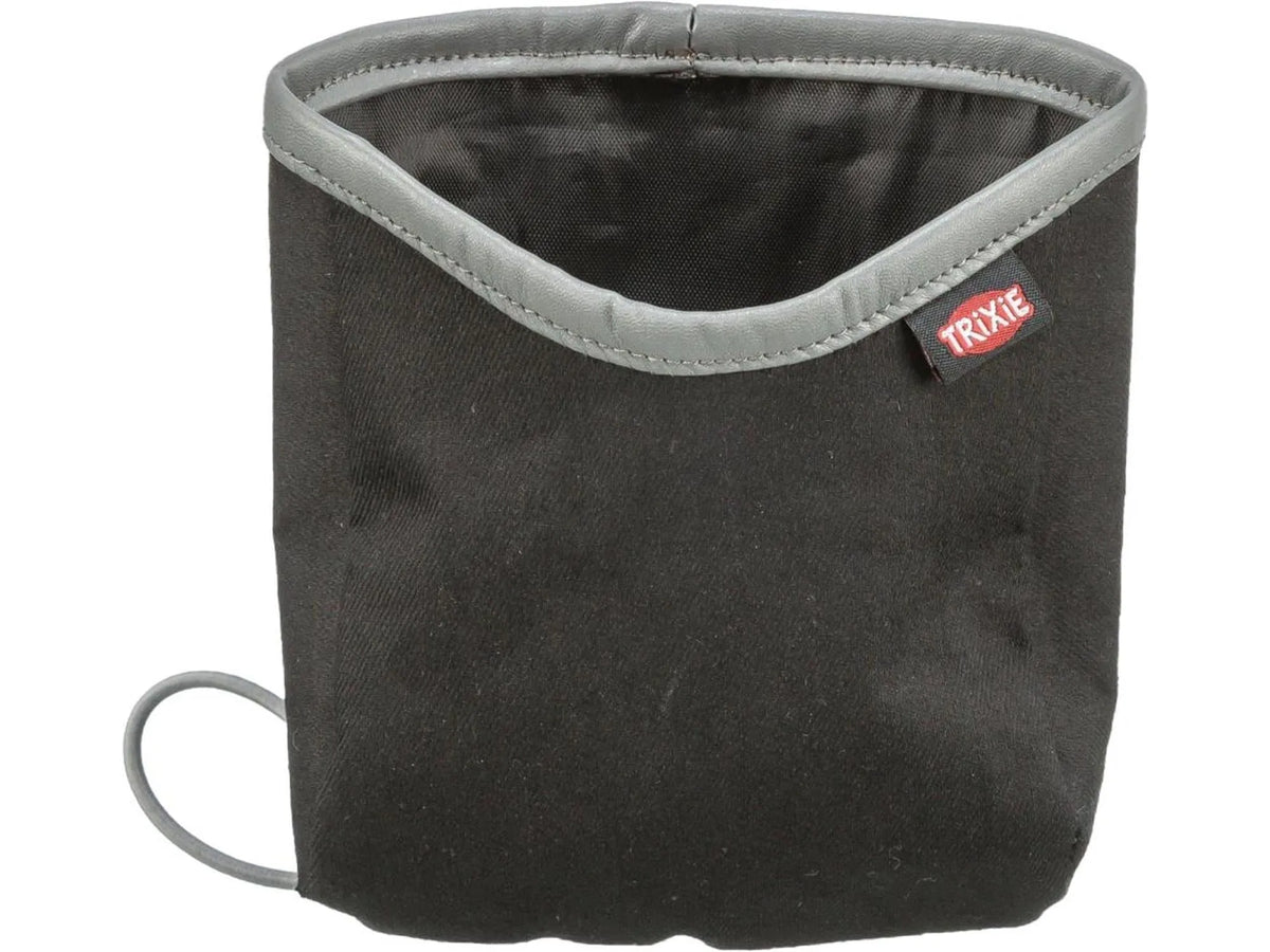 Svart Trixie Pocket Treat snacksbag i bomull/polyester med grå kant og strikklukking.