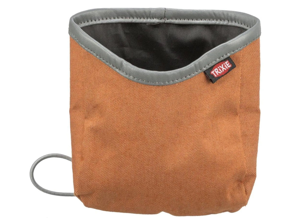 Oransje Trixie Pocket Treat snacksbag i bomull/polyester med grå kant og metallring.