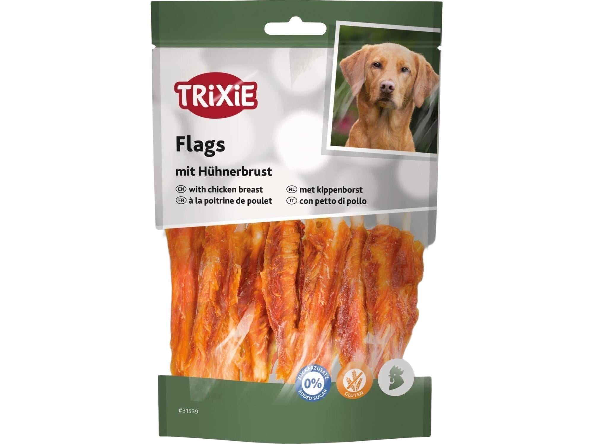 Trixie Premio Chicken Flags hundesnacks i grønn pose med kyllingbryst og bilde av en hund.