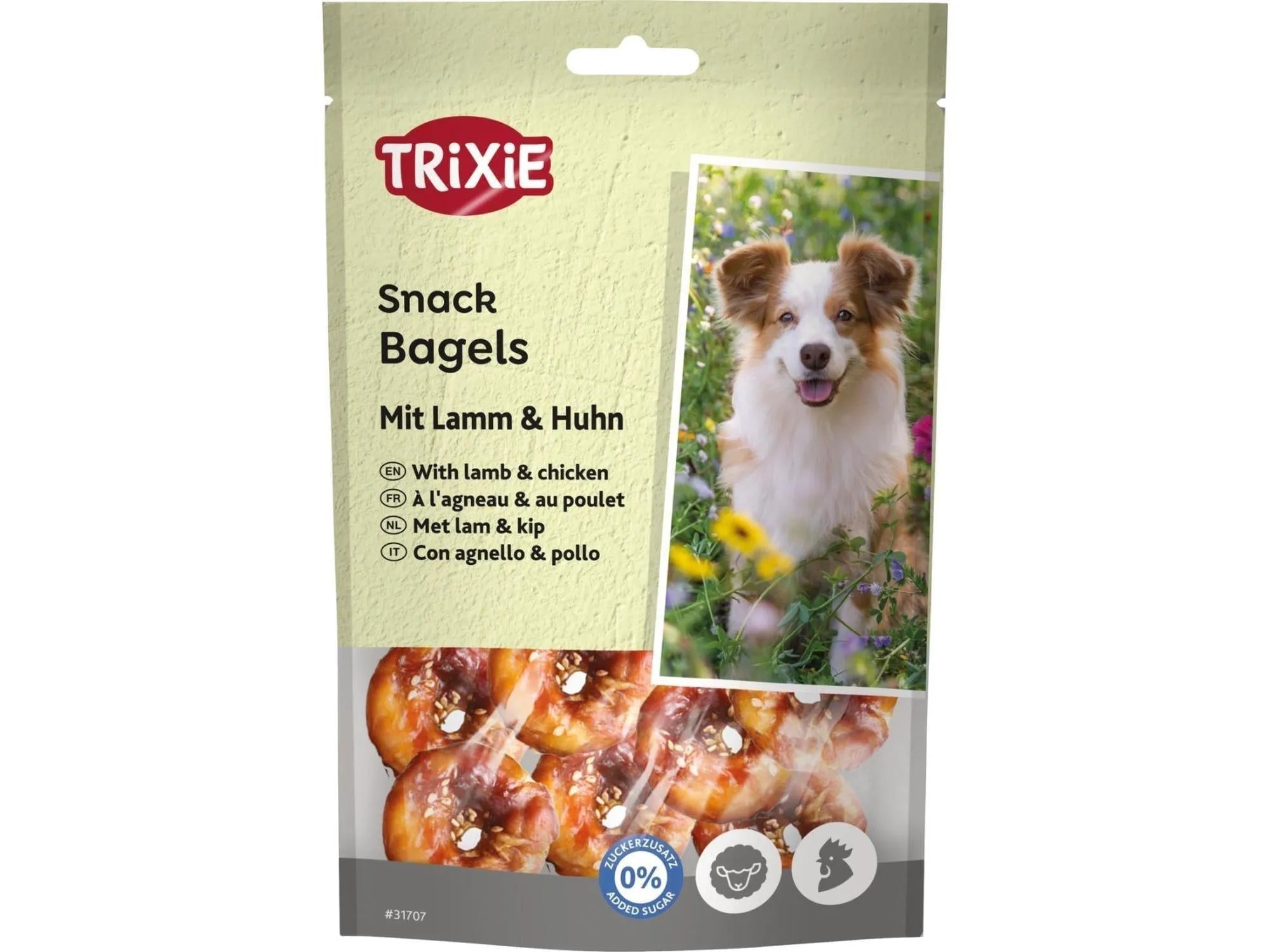 Trixie Premio Lamb & Chicken Bagels hundesnacks 100g pose med bilde av hund og bagelgodbiter.