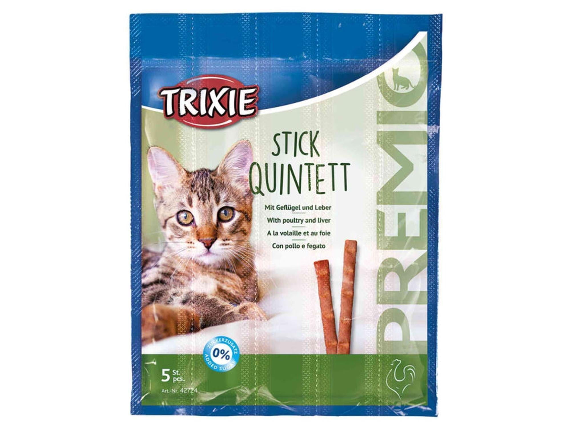 Trixie Premio Stick Quintett kattegodbiter med fugl og lever, blå pakke med katt og 5 brune sticks.