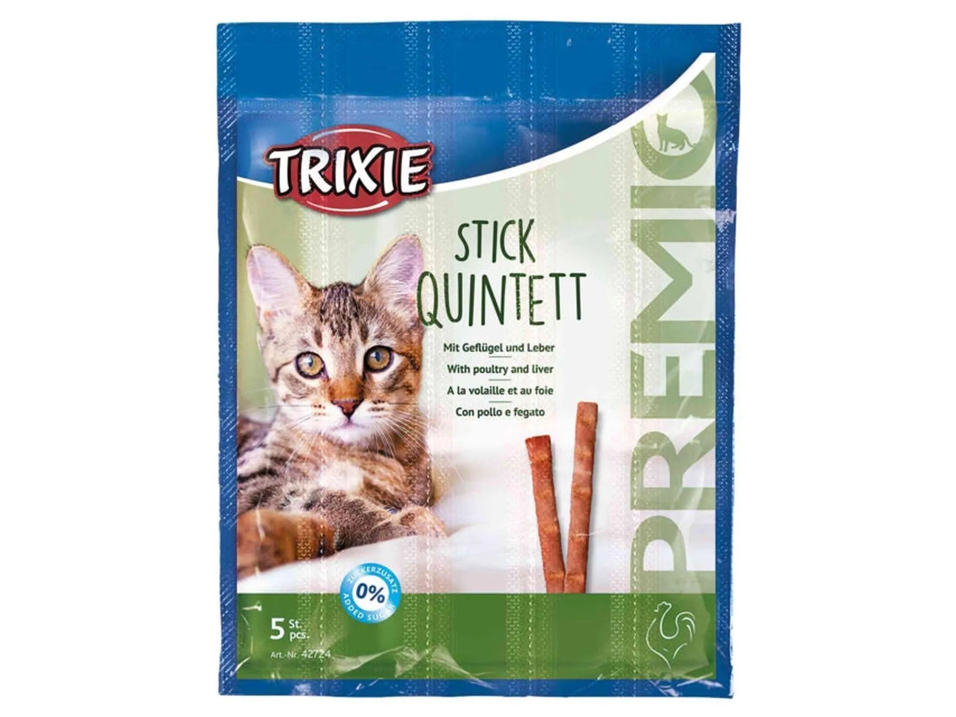 Trixie Premio Stick Quintett kattegodbiter med fugl og lever, blå pakke med katt og 5 brune sticks.