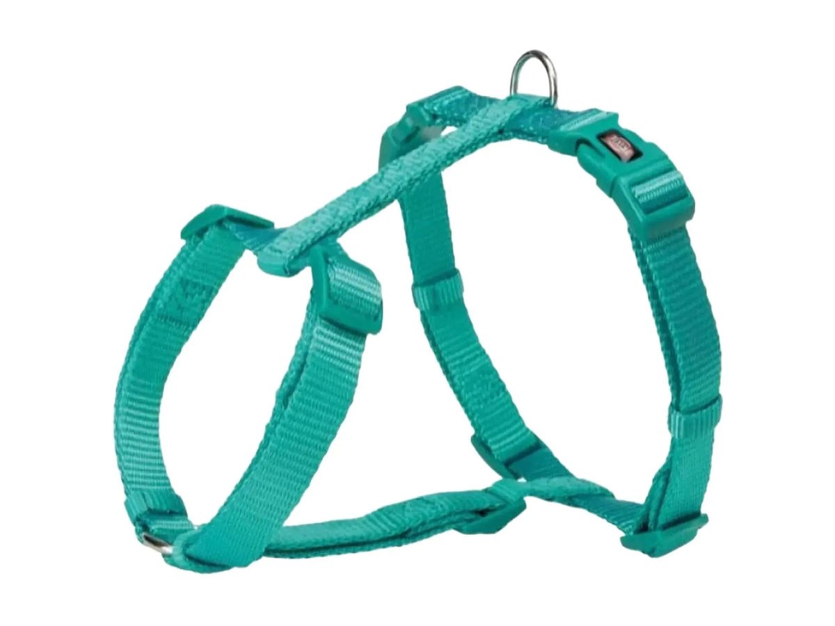 Turkis Trixie Premium H-sele for hund, størrelse L, med justerbare webbing-stropper og metallring.