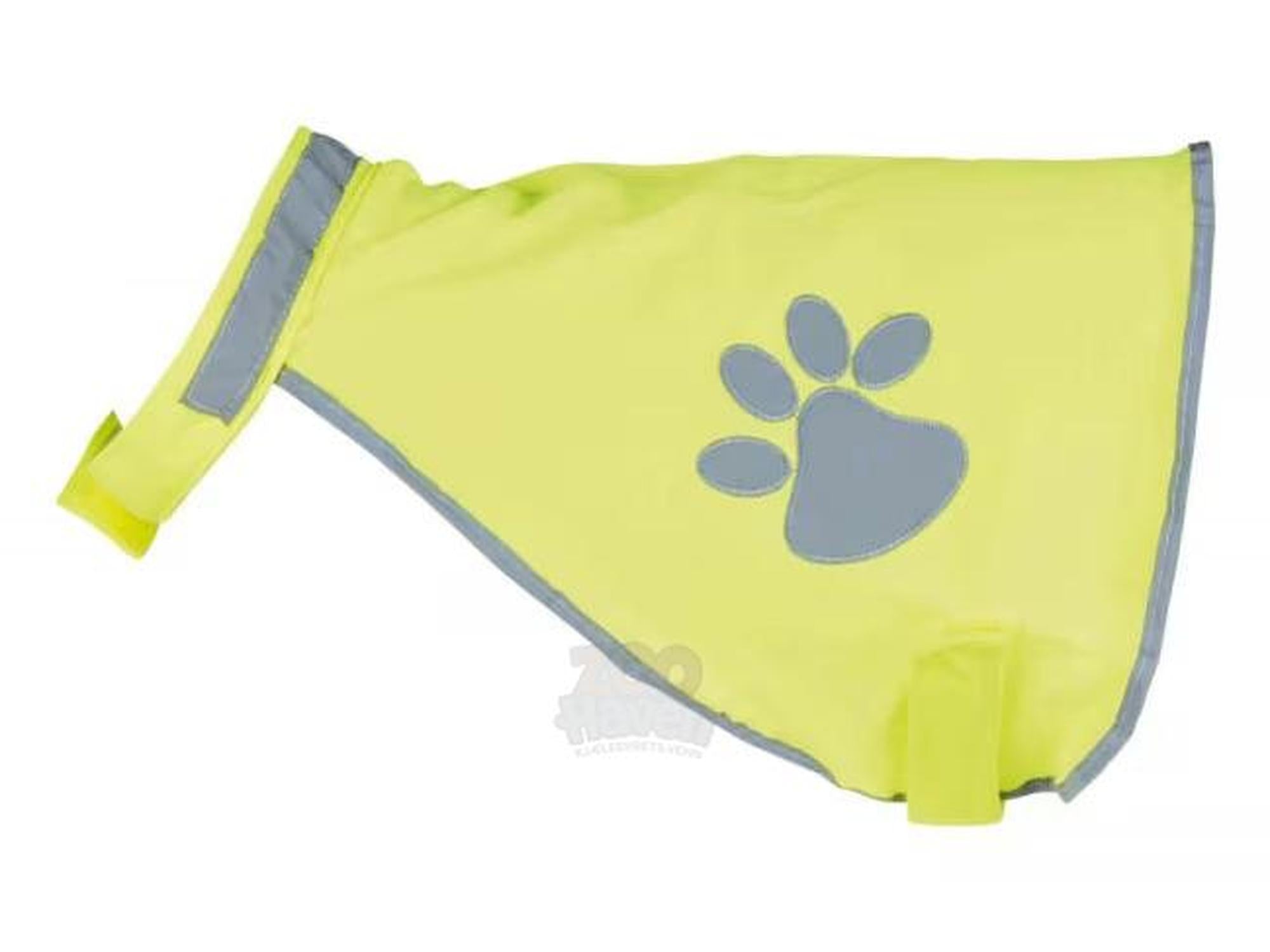 Trixie Safety Vest Reflective XL, neon gul hundevest med grå refleksdetaljer og poteavtrykk.