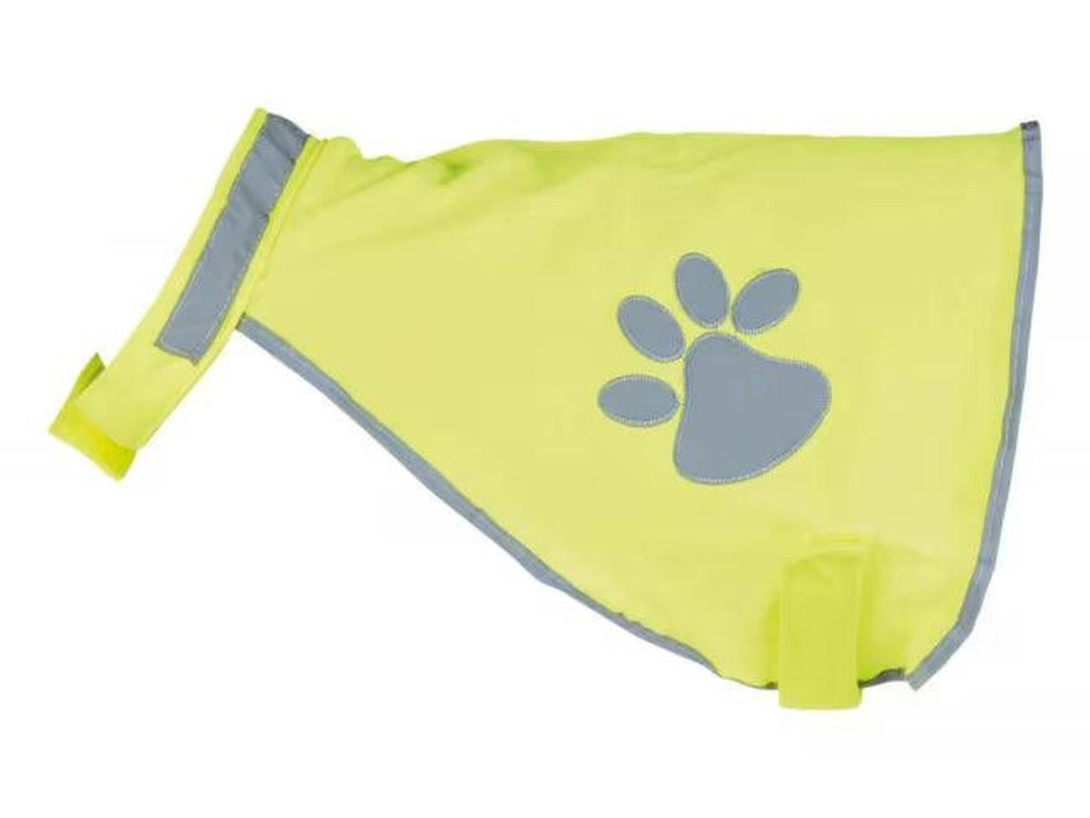 Trixie Safety Vest Reflective XL, neon gul hundevest med grå refleksdetaljer og poteavtrykk.