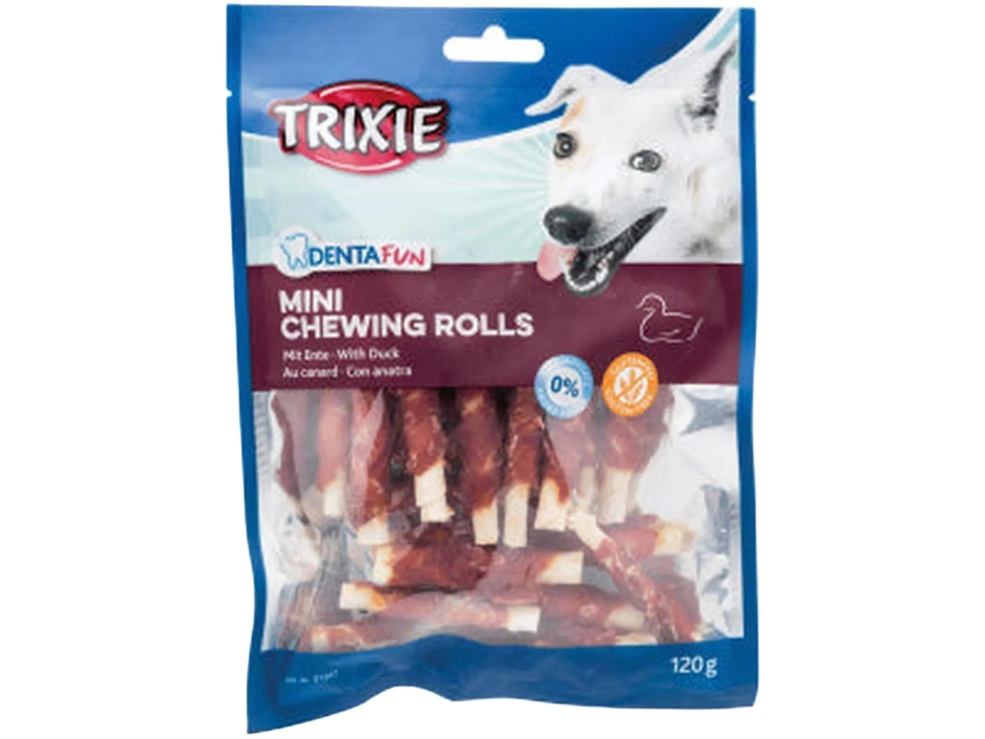 Trixie Denta Fun Mini Chewing Rolls med andekjøtt i blå og hvit forpakning, 120g.