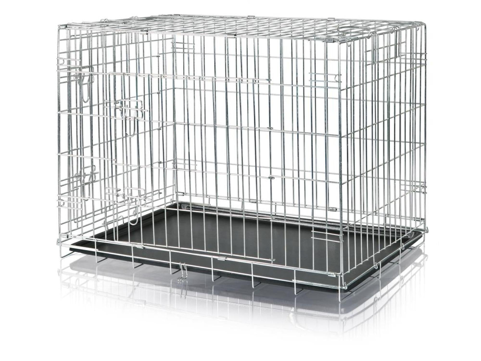 Sammenleggbart Trixie hundebur i galvanisert metall med to dører og svart plastbrett.