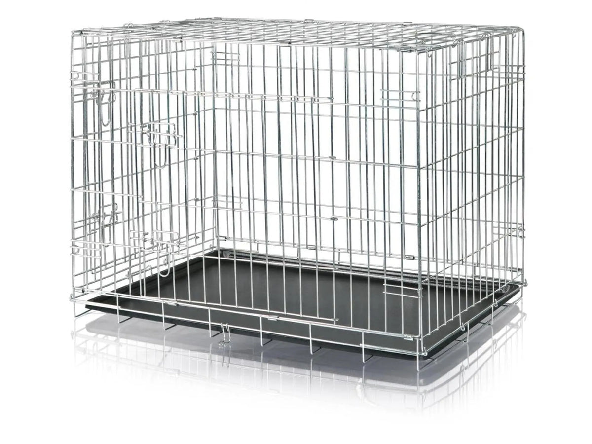 Sammenleggbart Trixie hundebur i galvanisert metall med to dører og svart plastbrett.