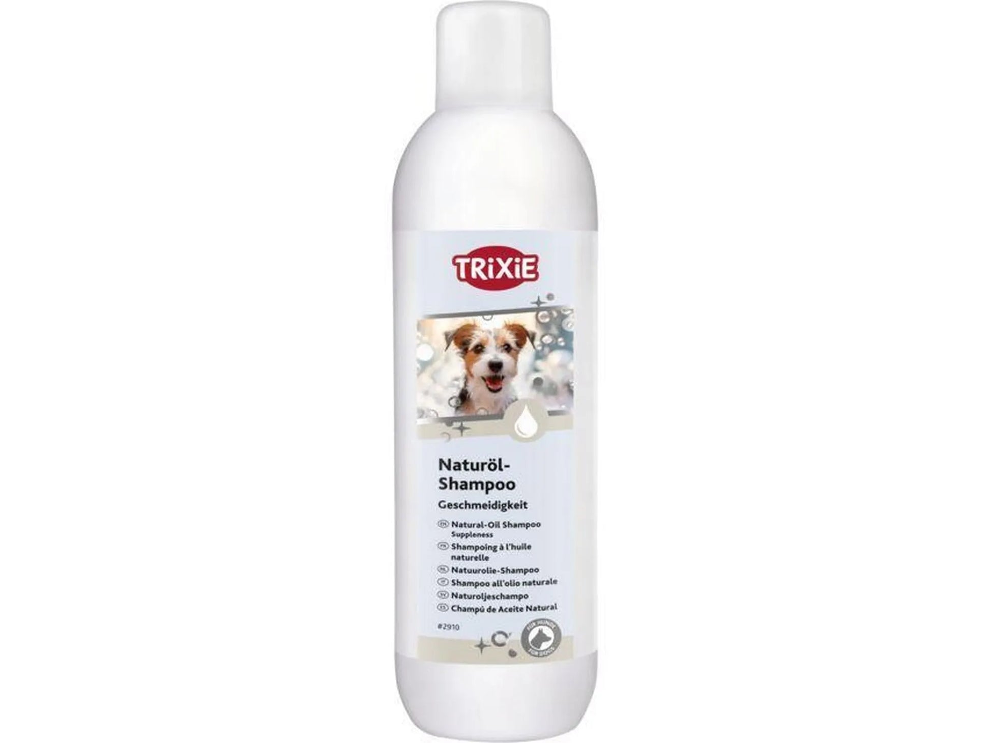 Hvit Trixie Naturöl-Shampoo flaske med bilde av en hund, for glansfull pels.