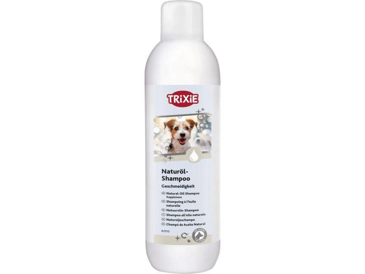 Hvit Trixie Naturöl-Shampoo flaske med bilde av en hund, for glansfull pels.