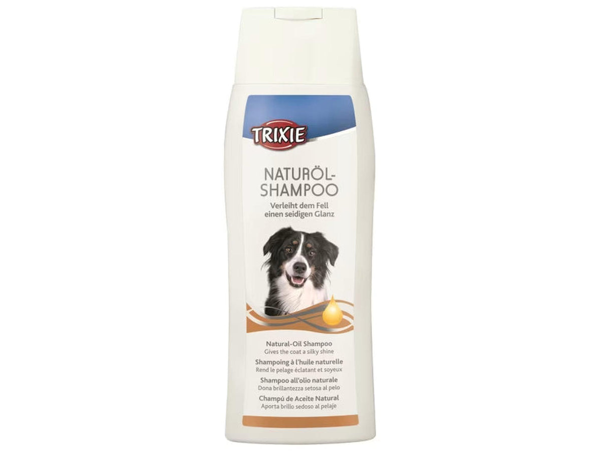 Trixie Naturöl-Shampoo for hund, hvit flaske med bilde av hund og oljedråpe.