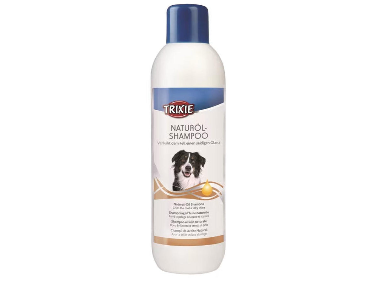 Trixie Naturol-Shampoo for hund, hvit flaske med blå kork, bilde av hund og oljedråpe.