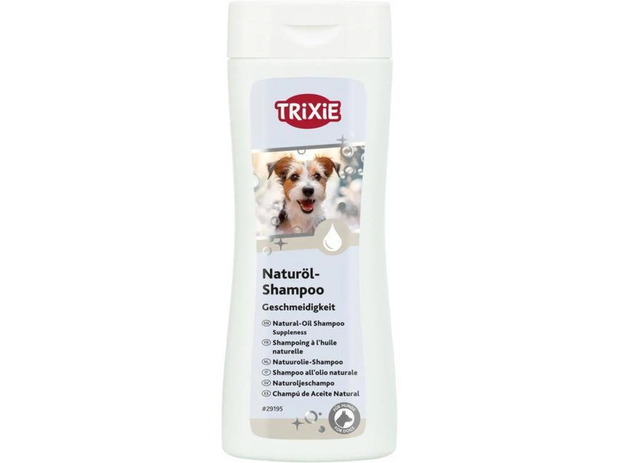 Hvit Trixie Natural Oil Shampoo for hund, med bilde av en Jack Russell Terrier og en dråpe.