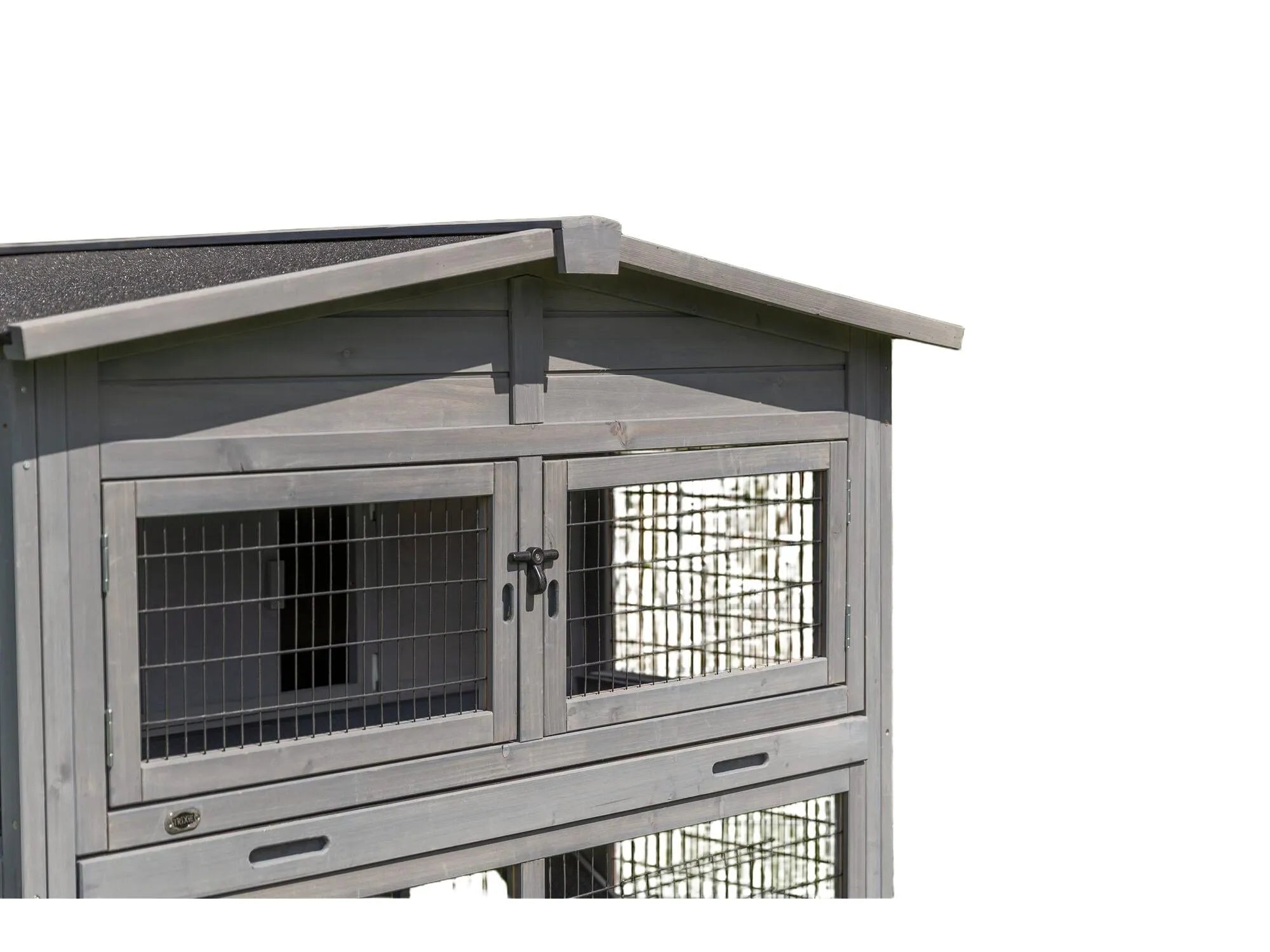 Trixie Small Animal Hutch XL, grå glasert furu med svart tak og nettingdører.