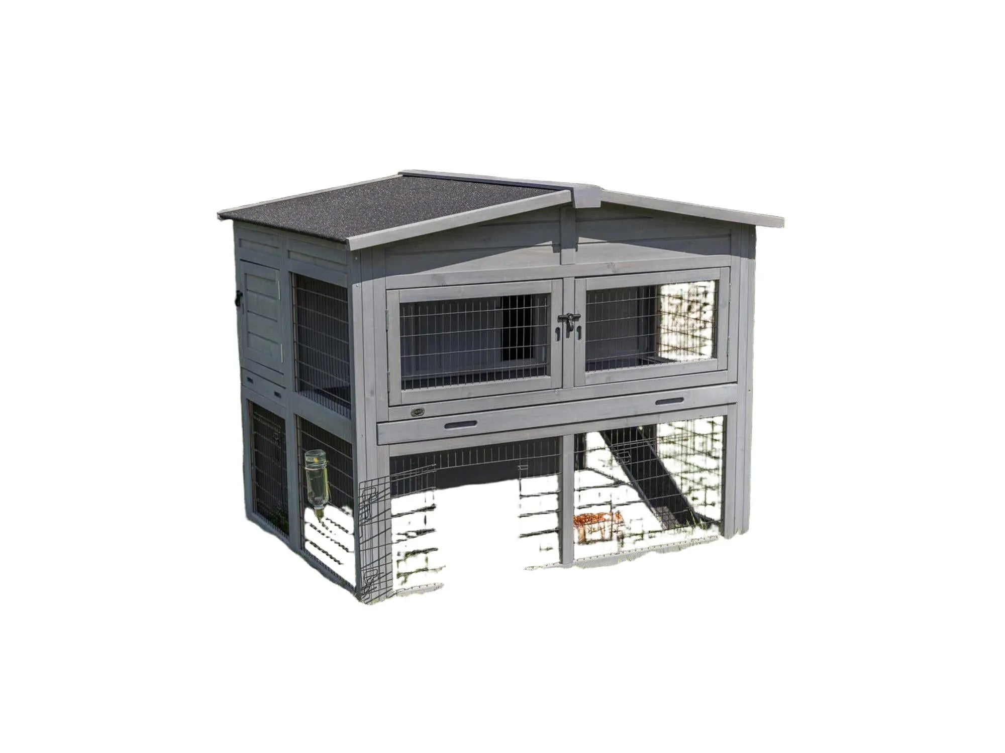 Grått Trixie Small Animal Hutch XL med to etasjer, utegård, og to marsvin på gresset.