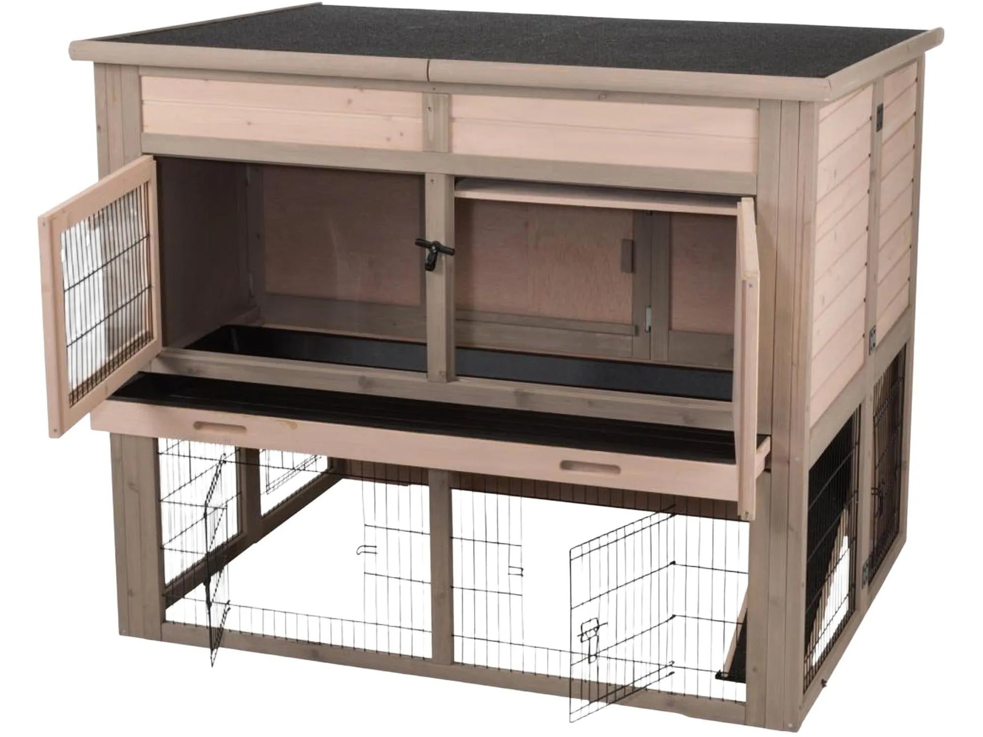 Trixie Small Animal Hutch XL, isolert trebur med svart tak, nettingdører og uttrekkbare skuffer.