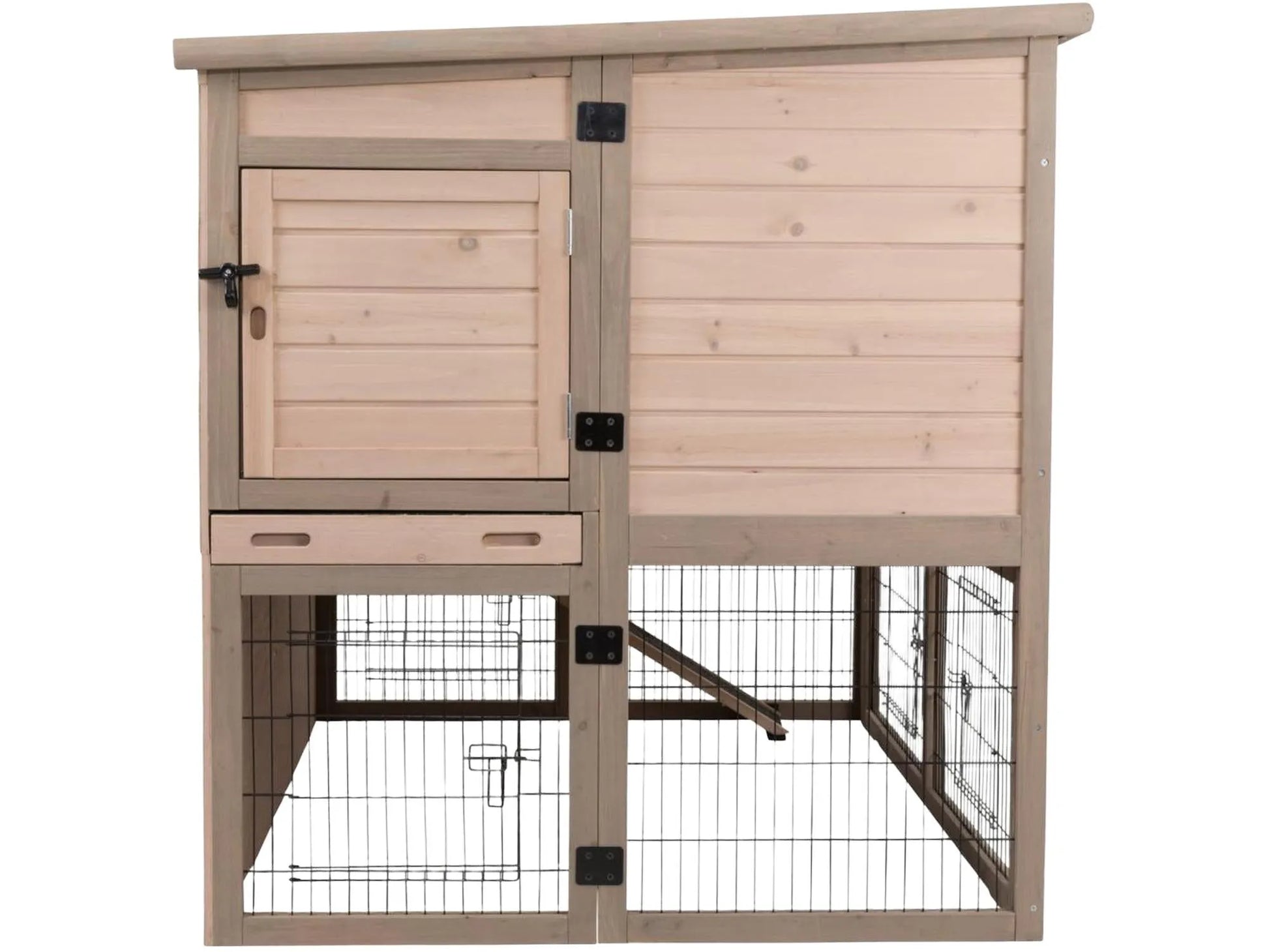 Trixie Small Animal Hutch XL, et isolert utebur i lyst tre med mørk netting og beskyttet hvileområde.