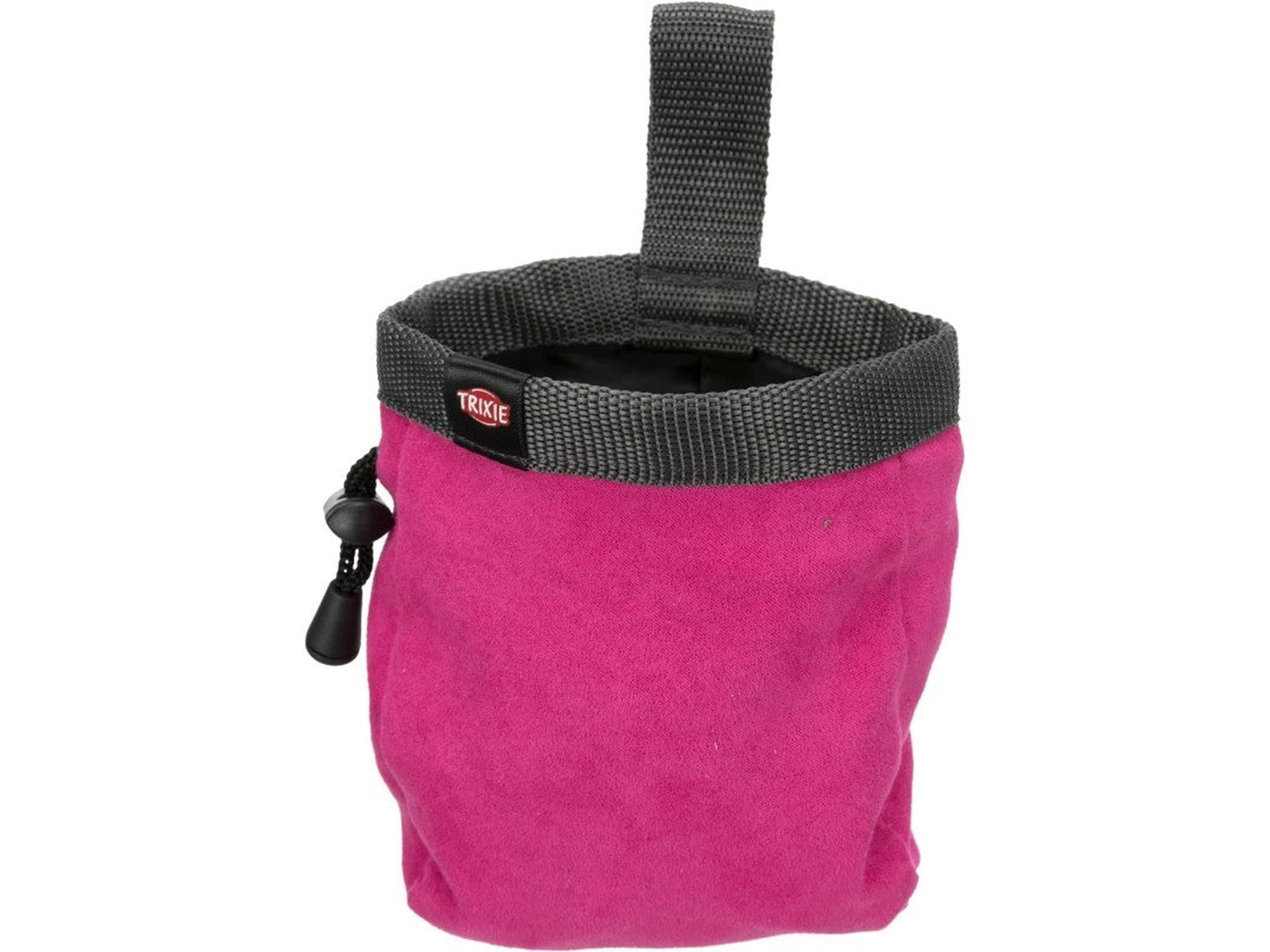 Trixie Dog Activity Baggy, rosa semsket-lignende snacksbag med svart snorlukking og beltefeste.