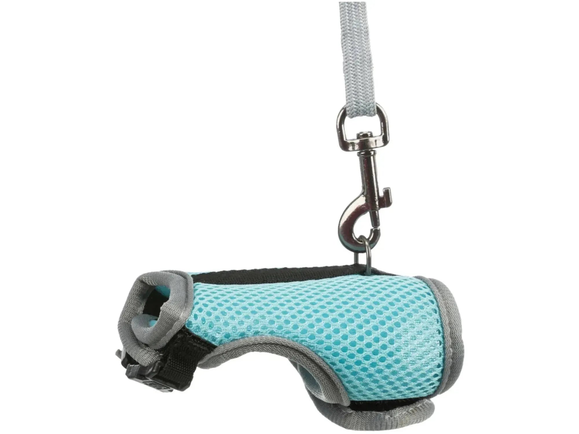 Trixie Soft Sele til Rotte i turkis mesh og grå webbing med justerbar passform og elastisk line.