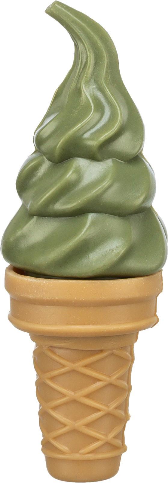 En grønn, myk hundesnack formet som en softis i en beige vaffelkjeks.