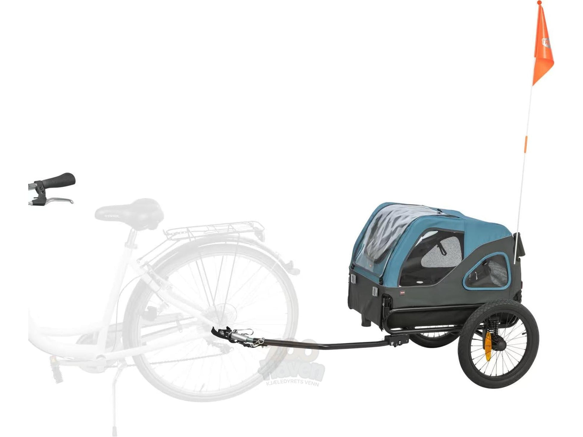 Blå og grå Trixie sykkelvogn for hund i størrelse S med netting, regnbeskyttelse, reflekser og oransje sikkerhetsflagg.