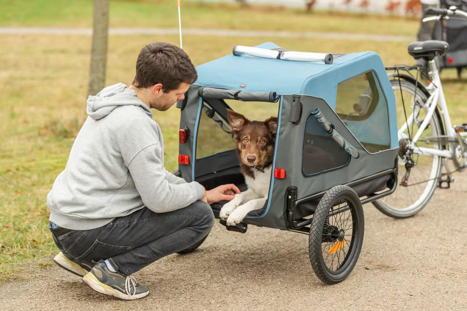 Blå og grå Trixie sykkelvogn for hund med nettingvinduer, koblet til en sykkel utendørs.