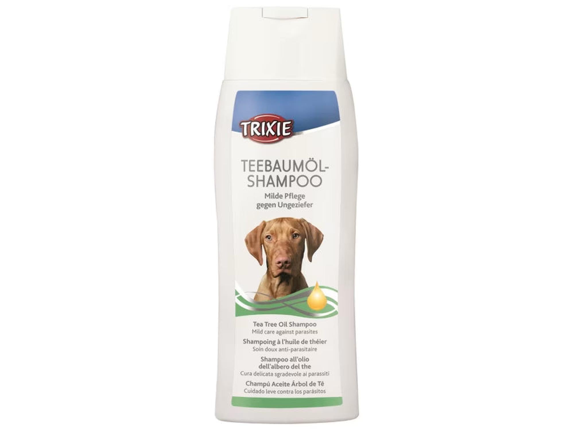 Trixie Tea Tree Shampoo 250 ml flaske med hundebilde, hvit og grønn etikett.
