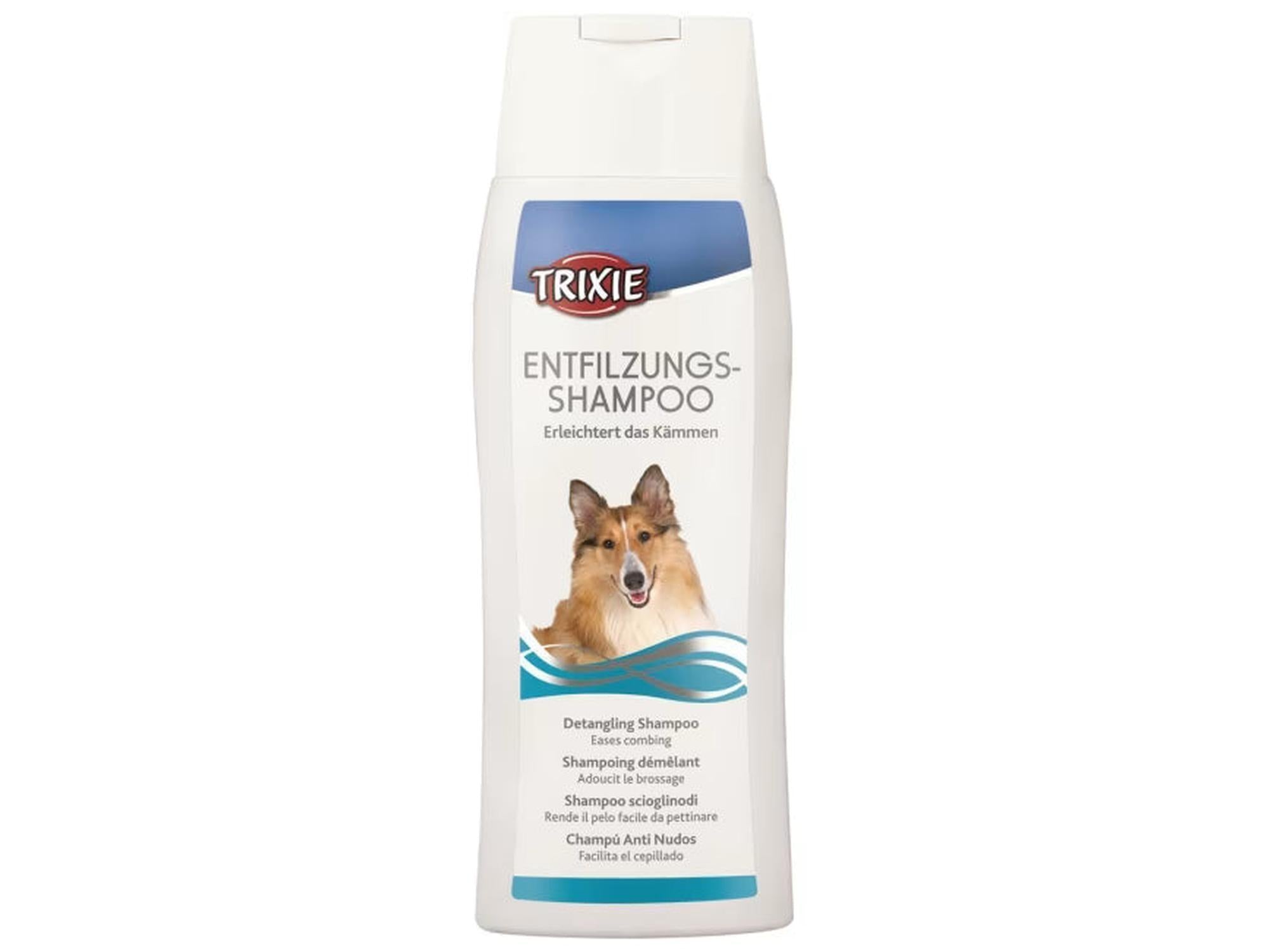 Hvit Trixie Entfilzungs-Shampoo 250 ml flaske med bilde av en colliehund, for flokete pels.