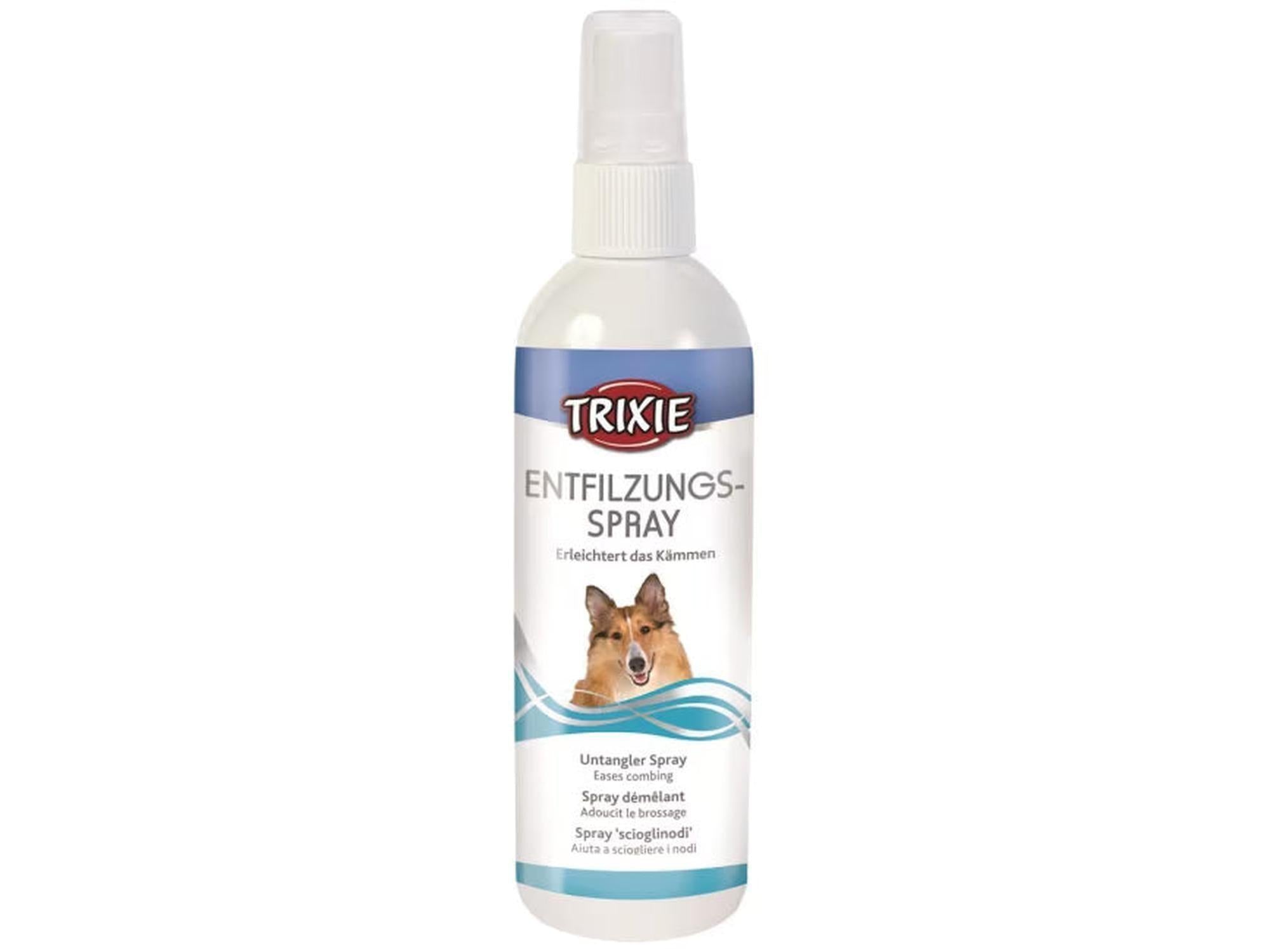 White Trixie Untangle Spray 150 ml bottle with a dog graphic and blue accents.