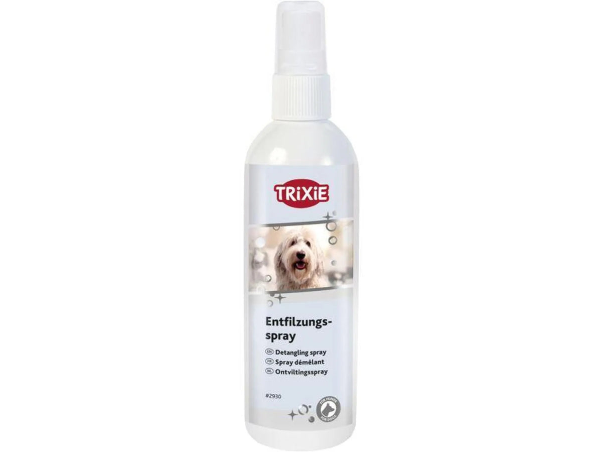 Trixie Untangle Spray 150 ml for hund, hvit flaske med bilde av en hund.