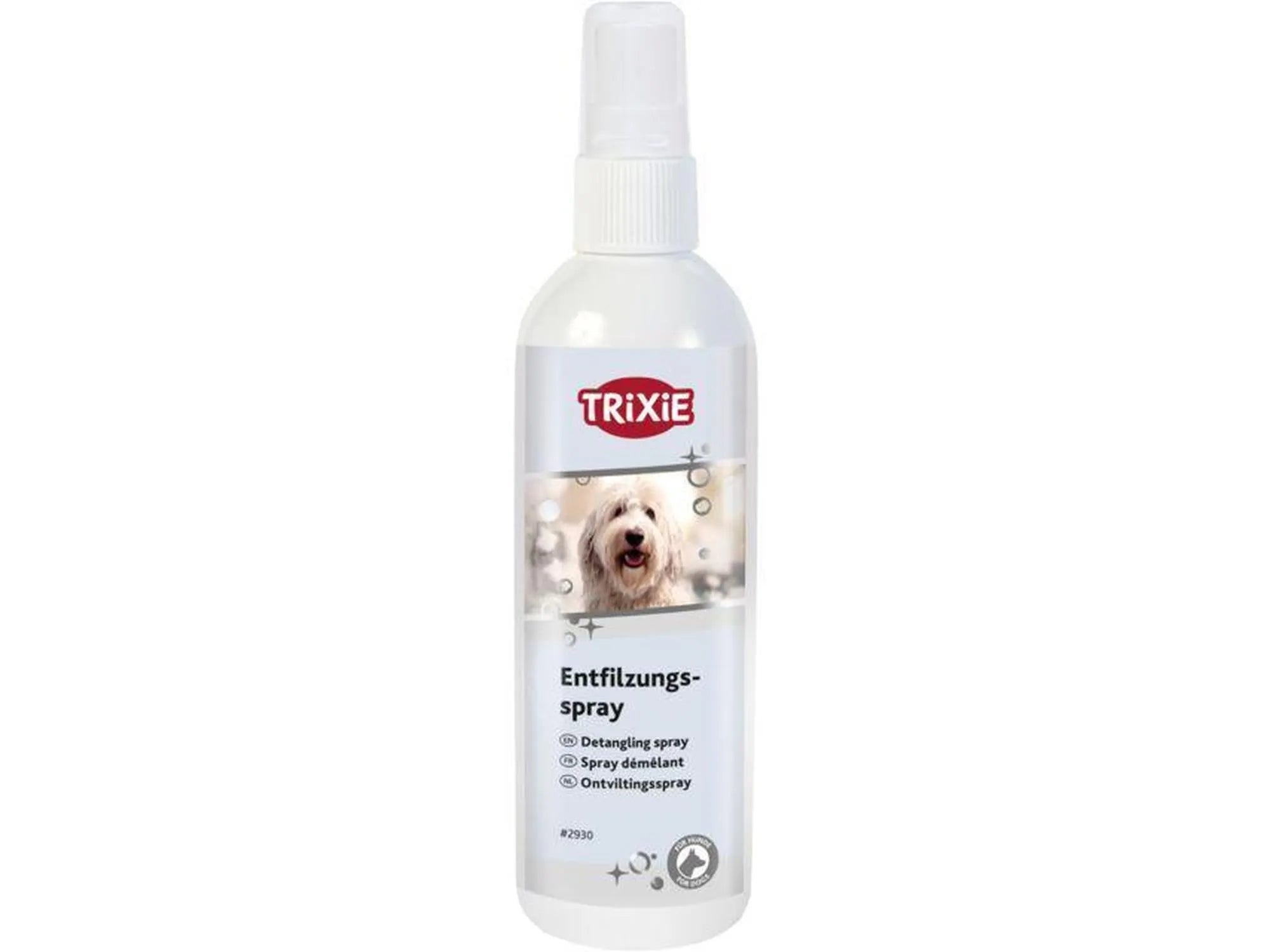 Trixie Untangle Spray 150 ml for hund, hvit flaske med bilde av en hund.