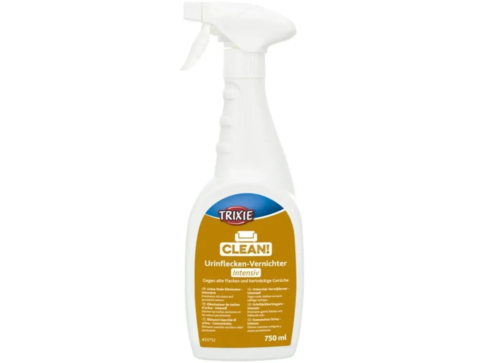 Hvit Trixie Urinflekkfjerner Intensiv sprayflaske, 750 ml, med gul og hvit etikett.