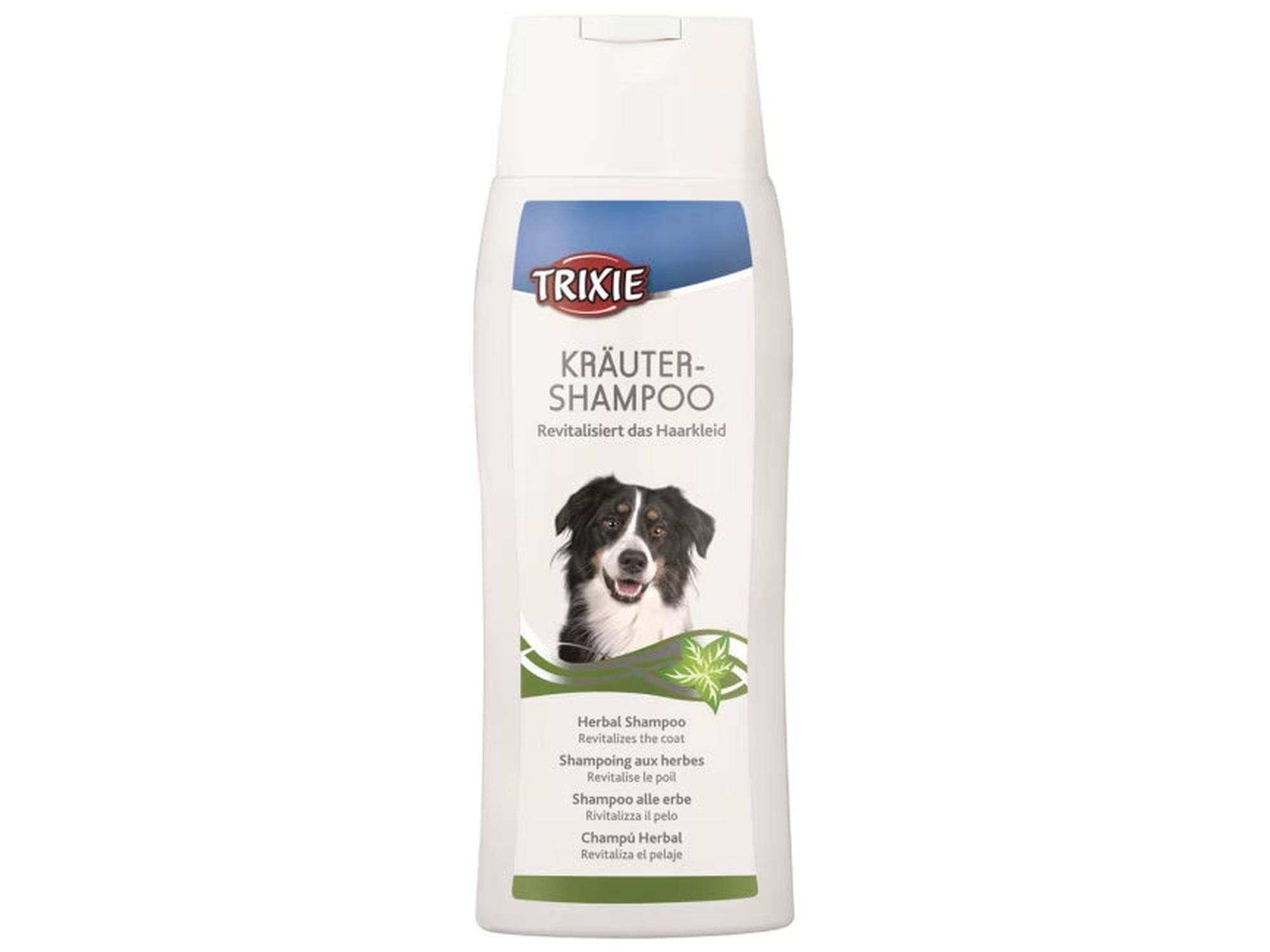 Hvit Trixie Kräuter-Shampoo flaske for hund, med bilde av en border collie og grønne urteblader.