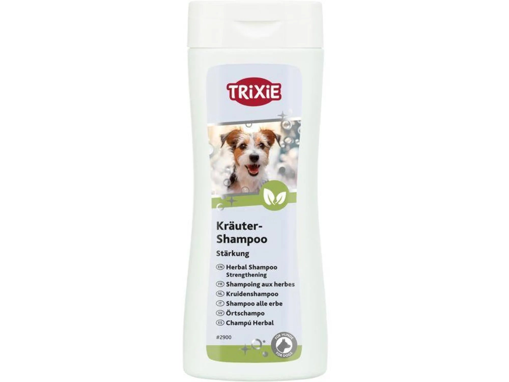 Hvit Trixie Urteshampoo 250 ml flaske med bilde av en hund og grønne urteblader.