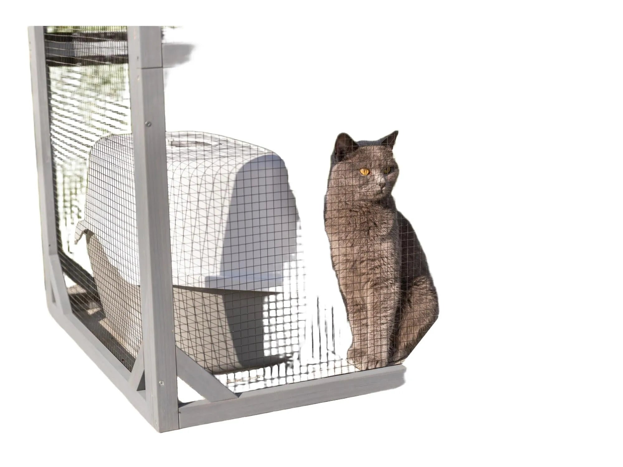 Grå Trixie utendørs lekegård til katt med pulverlakkert netting, hule og plattformer.