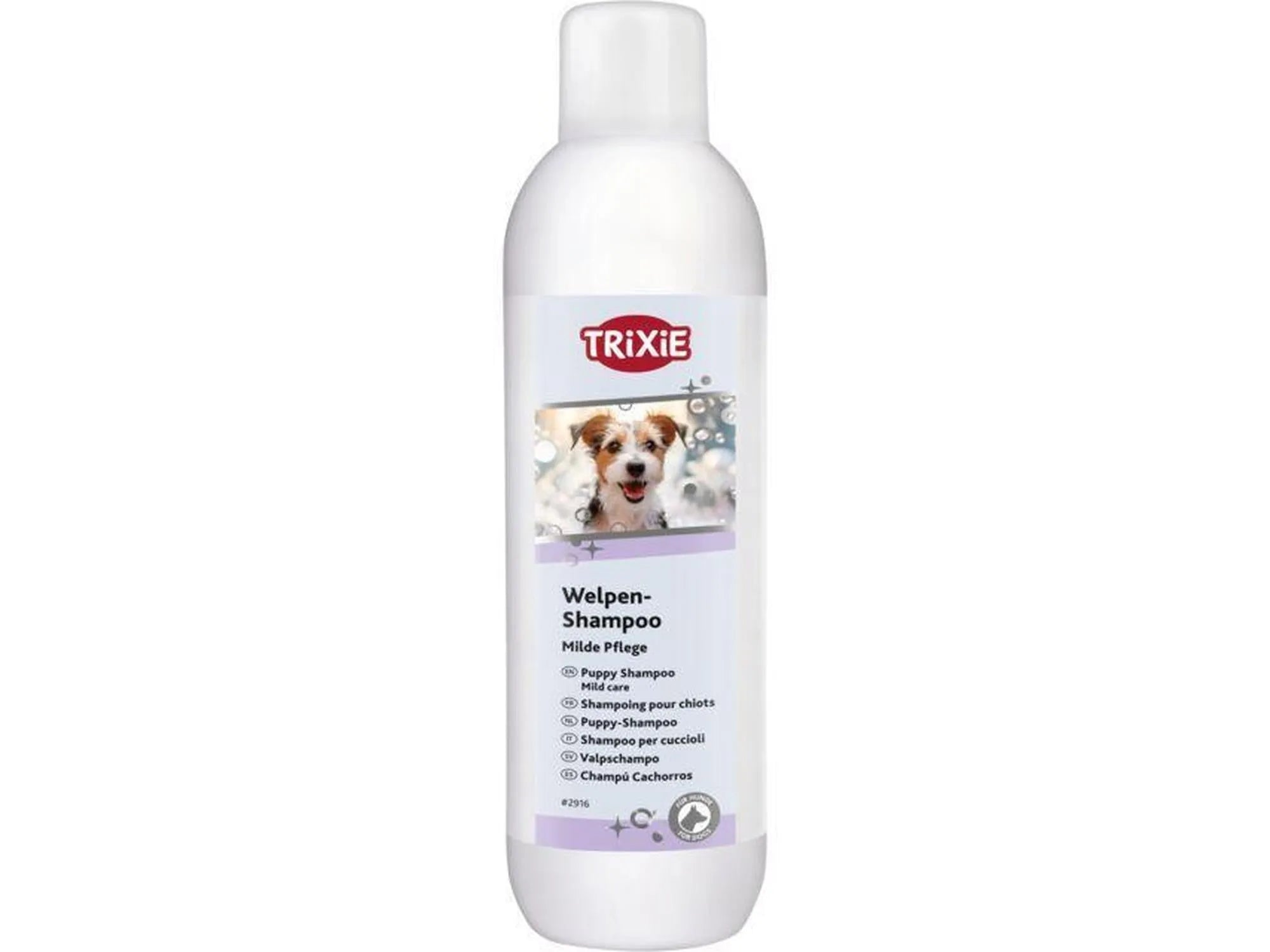 Hvit Trixie Valpeshampoo flaske med bilde av en valp, for mild pelspleie.