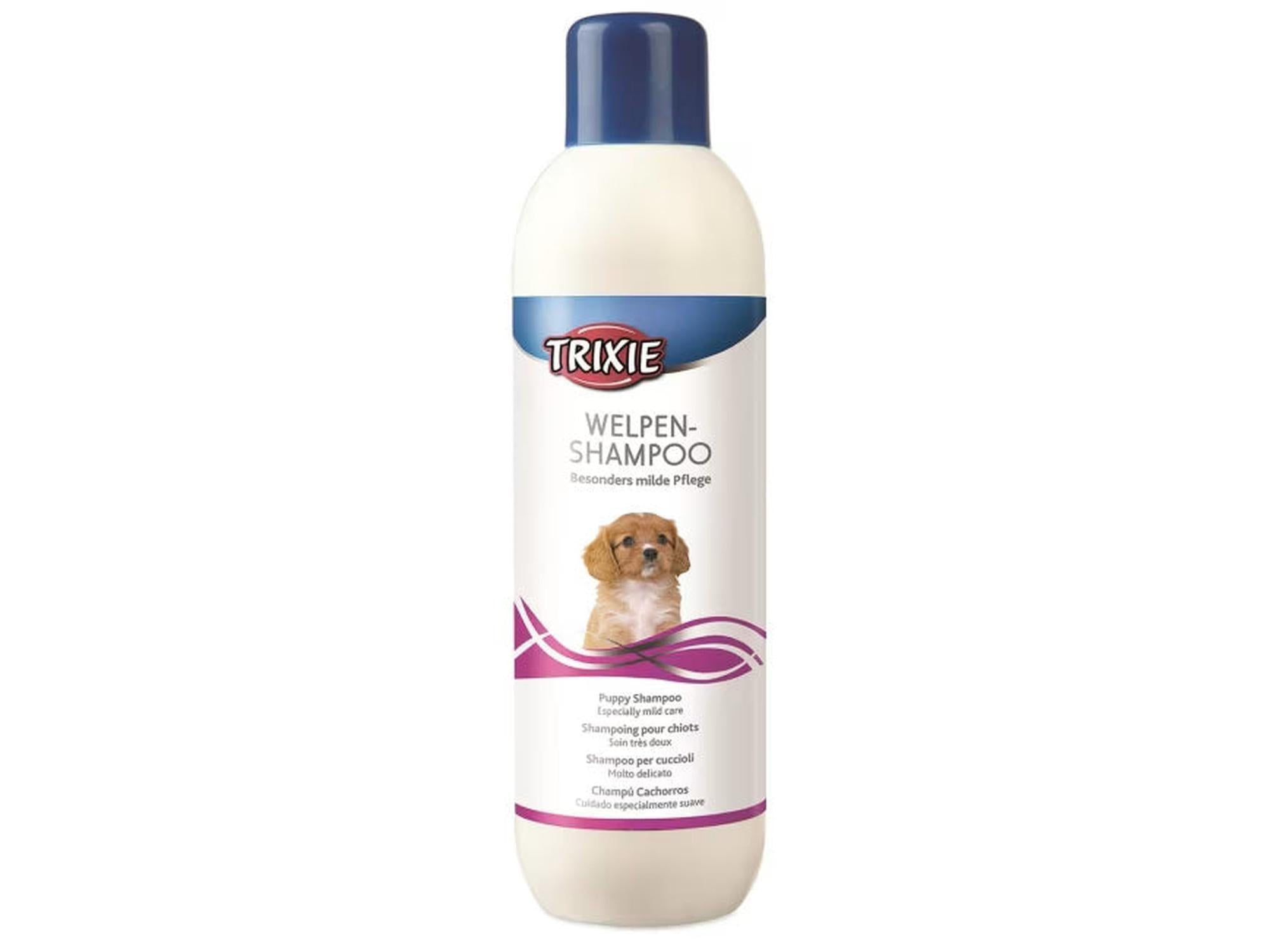 Trixie Welpen-Shampoo 250 ml flaske med blå kork, hvit etikett og bilde av en valp.