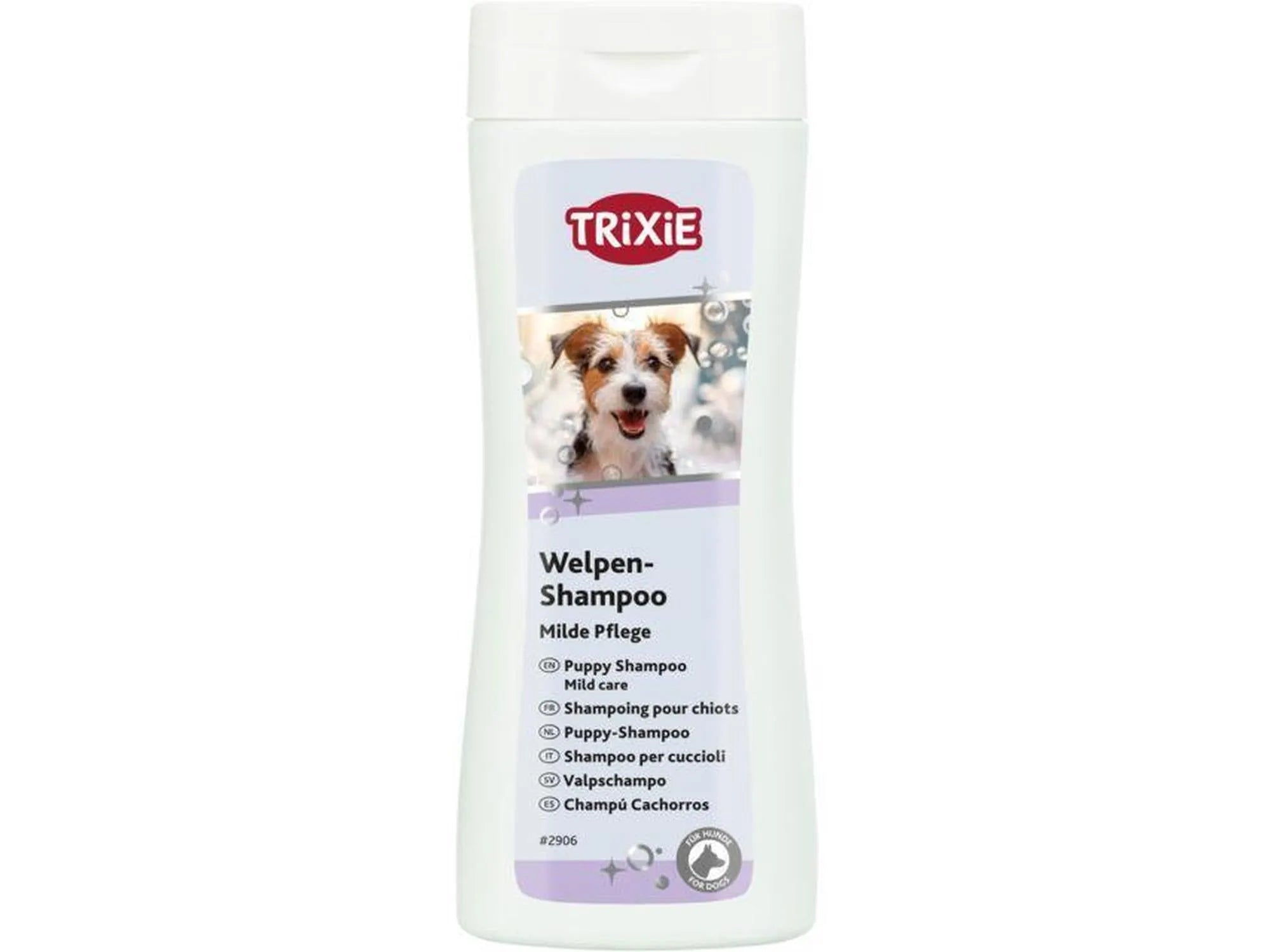 Hvit Trixie Valpeshampoo flaske med bilde av en valp og lilla detaljer, 250 ml.