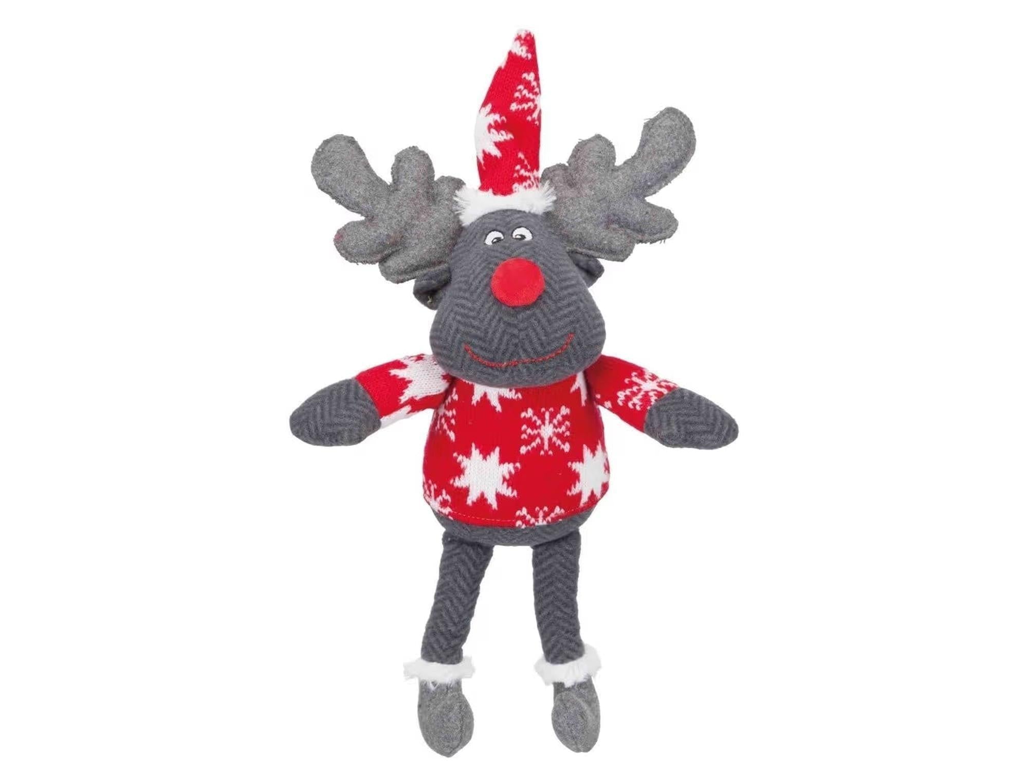Trixie Xmas Reinsdyr 42 cm hundeleke i grå og rød med julegenser og lue.