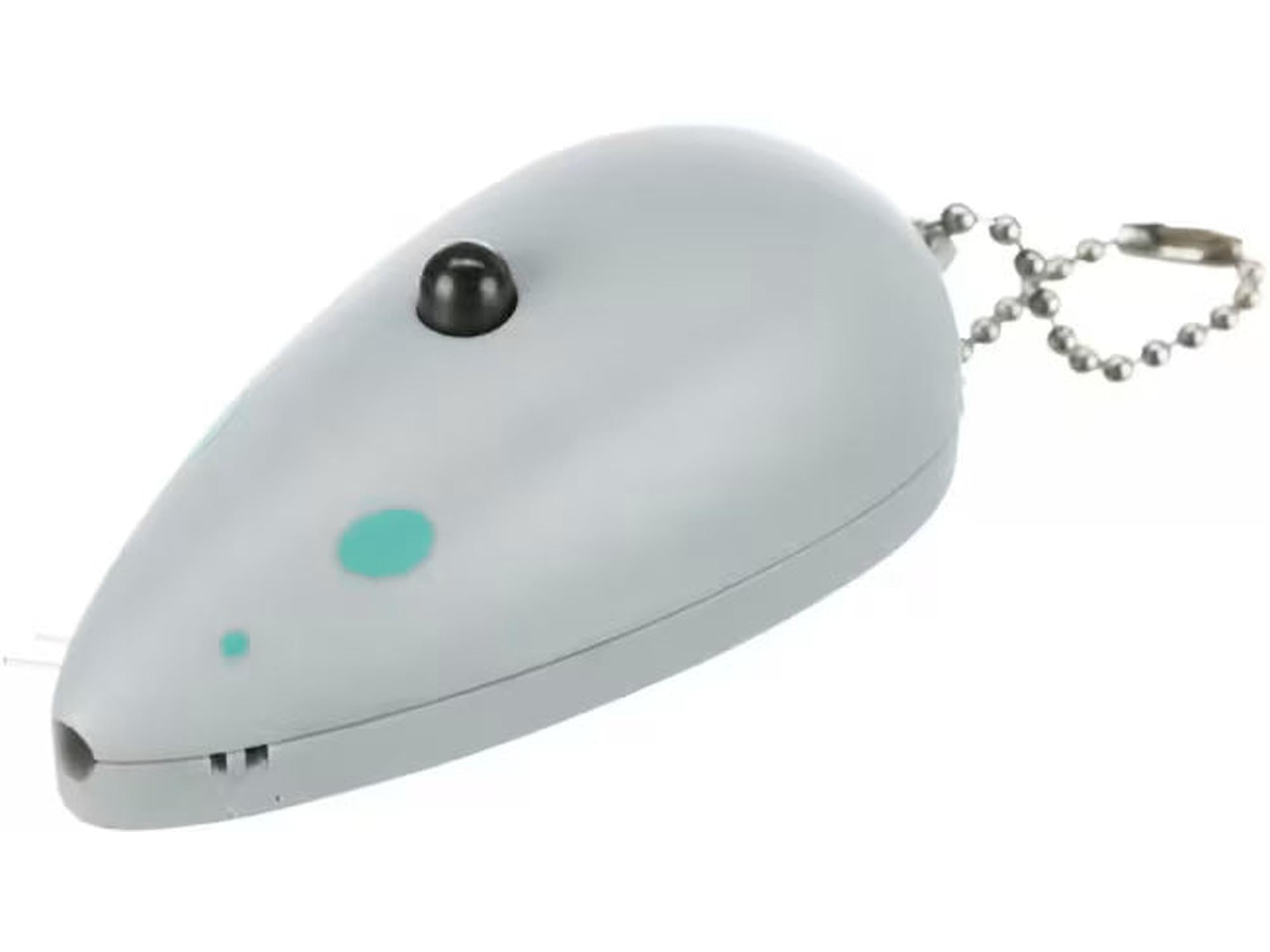 Grå museformet Trixie katteleke laserpeker med grønne prikker og nøkkelring, ca. 7 cm lang.