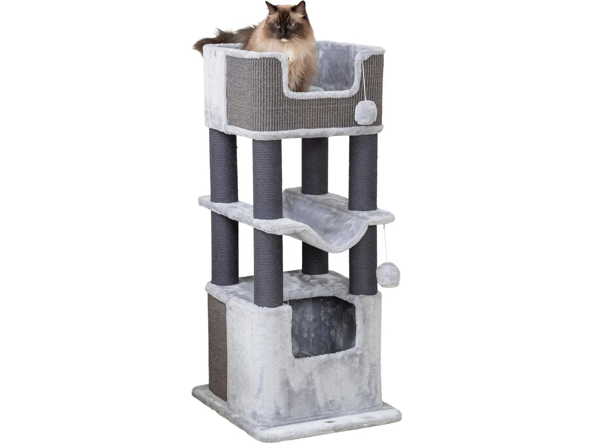 XXL Lucano kattetre i grå plysj og sisal med flere nivåer, hule og en katt på toppen.
